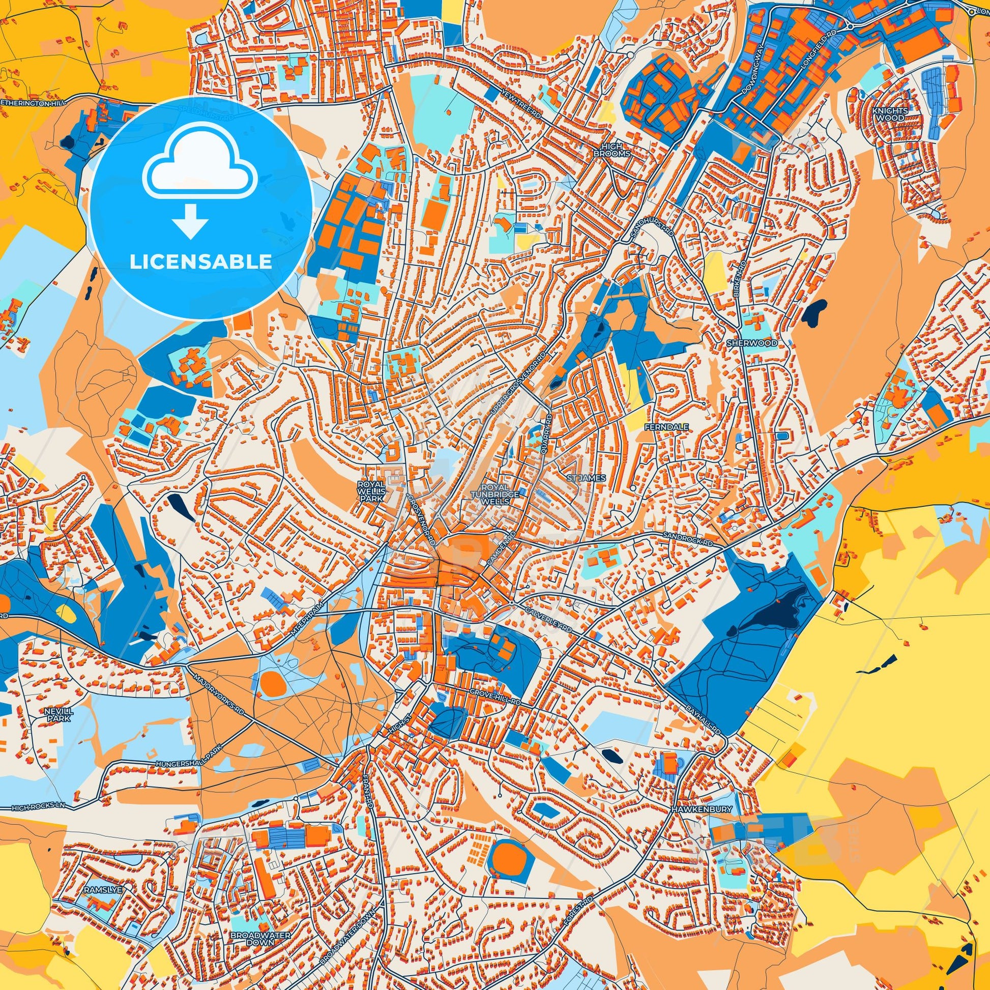 Colorful Royal Tunbridge Wells Street Map with Labels and Buildings