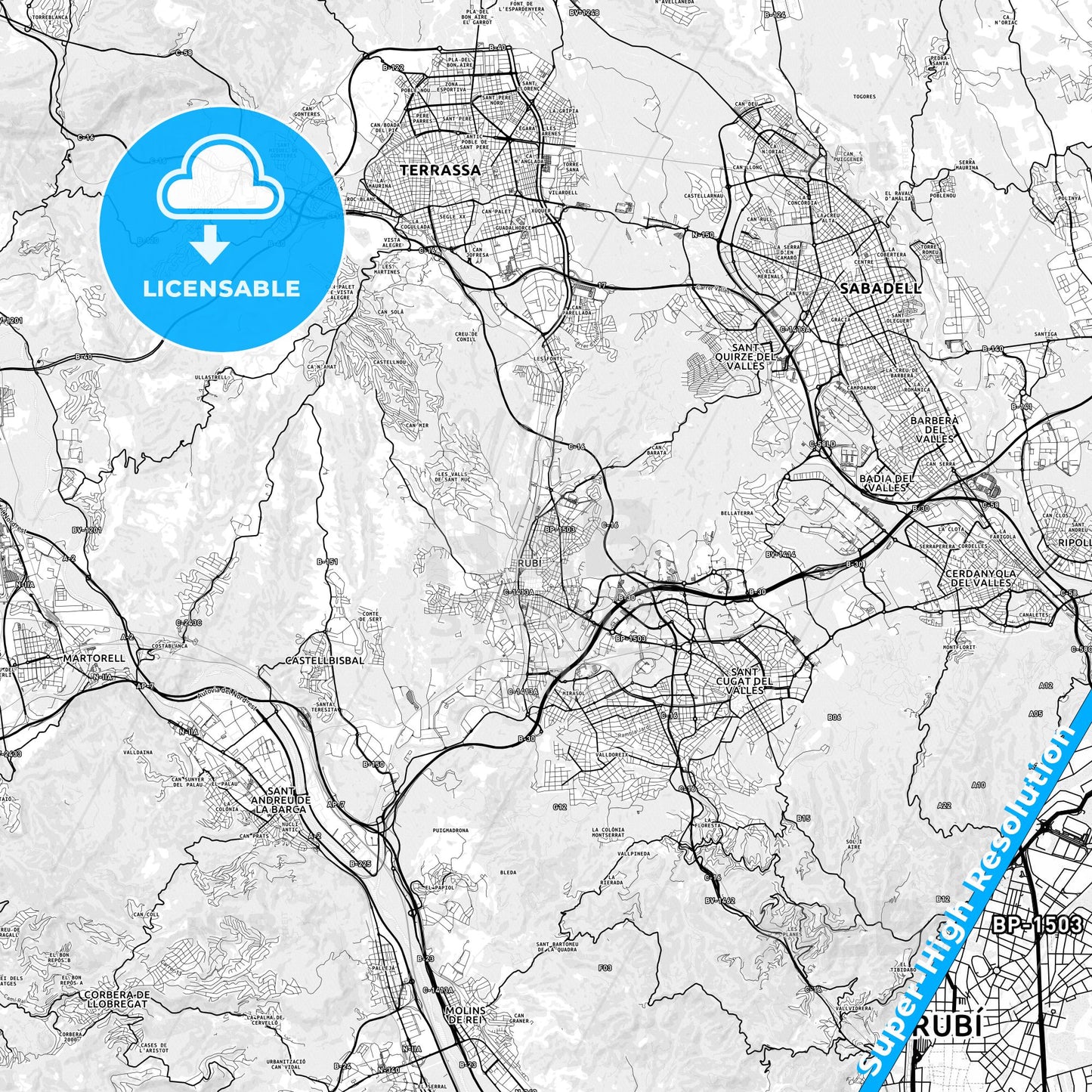 Rubí, Spain light map with streetnames, citynames and districts