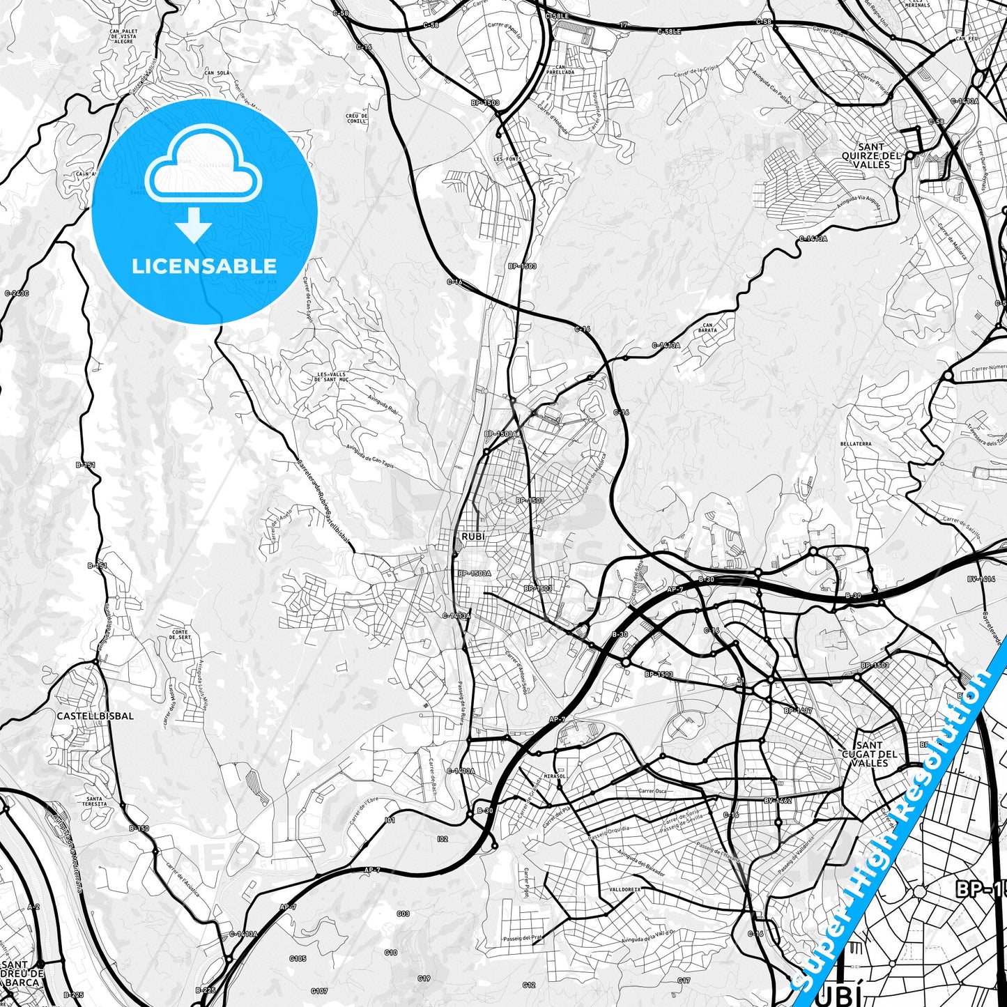 Rubí, Spain Light Map with Street Names, City Names, and Districts