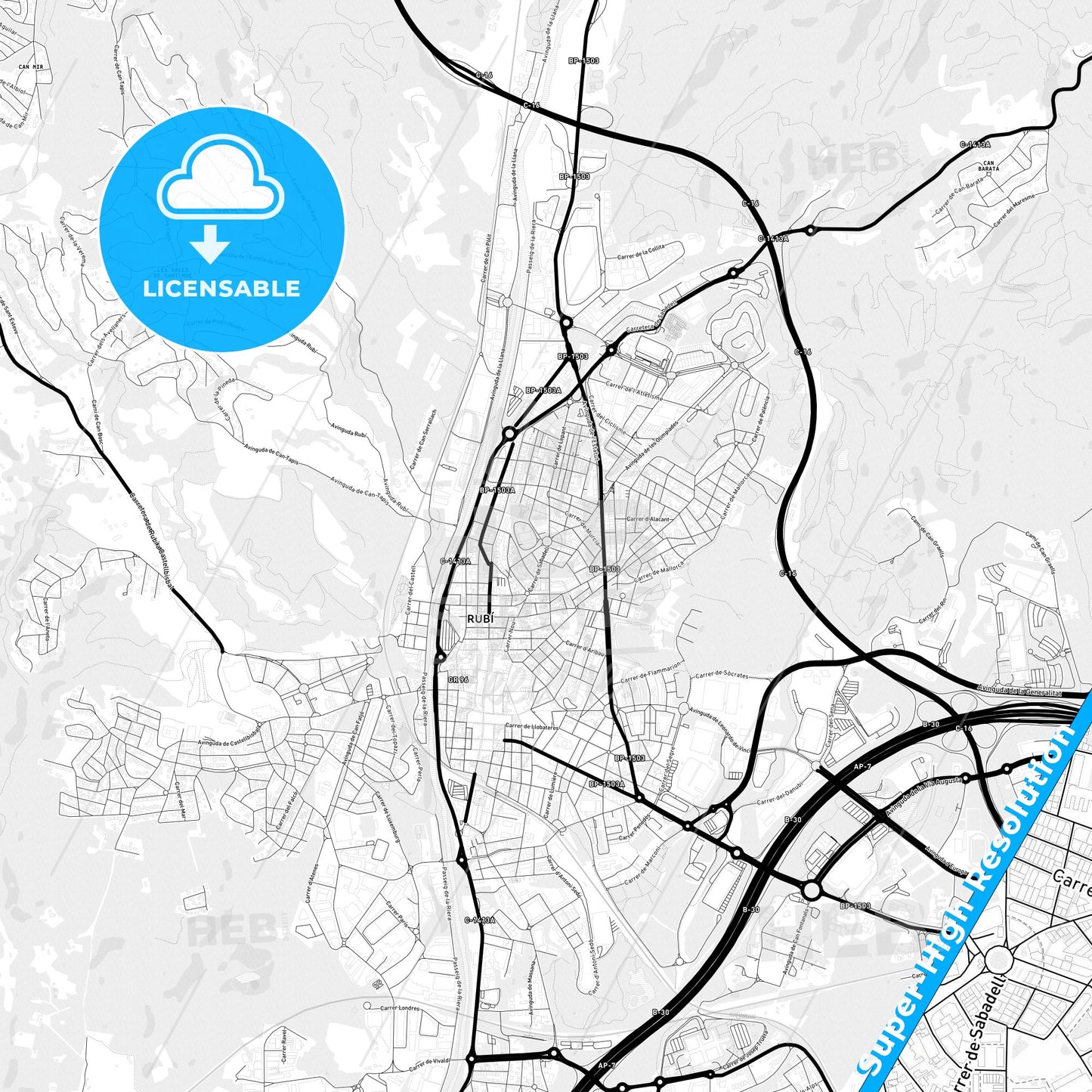 Rubí, Spain Light Map with Street Names, City Names, and Districts
