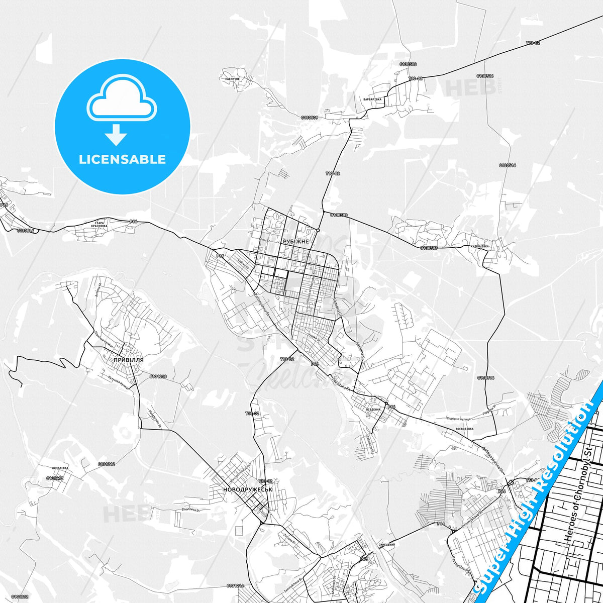 Rubizhne, Ukraine light map with streetnames, citynames and districts