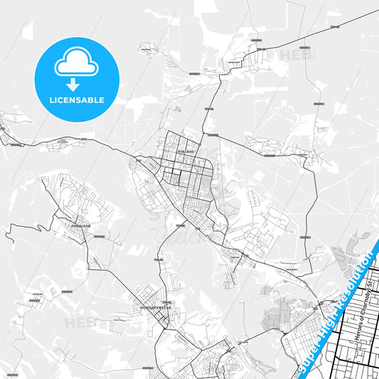 Rubizhne, Ukraine light map with streetnames, citynames and districts