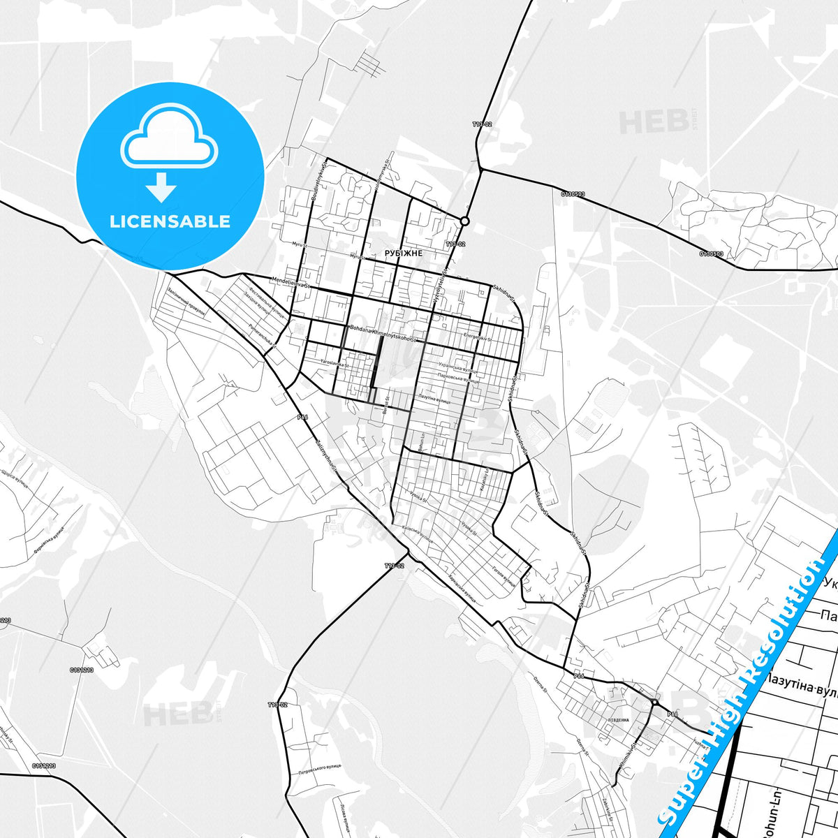 Rubizhne, Ukraine Light Map with Street Names, City Names, and Districts