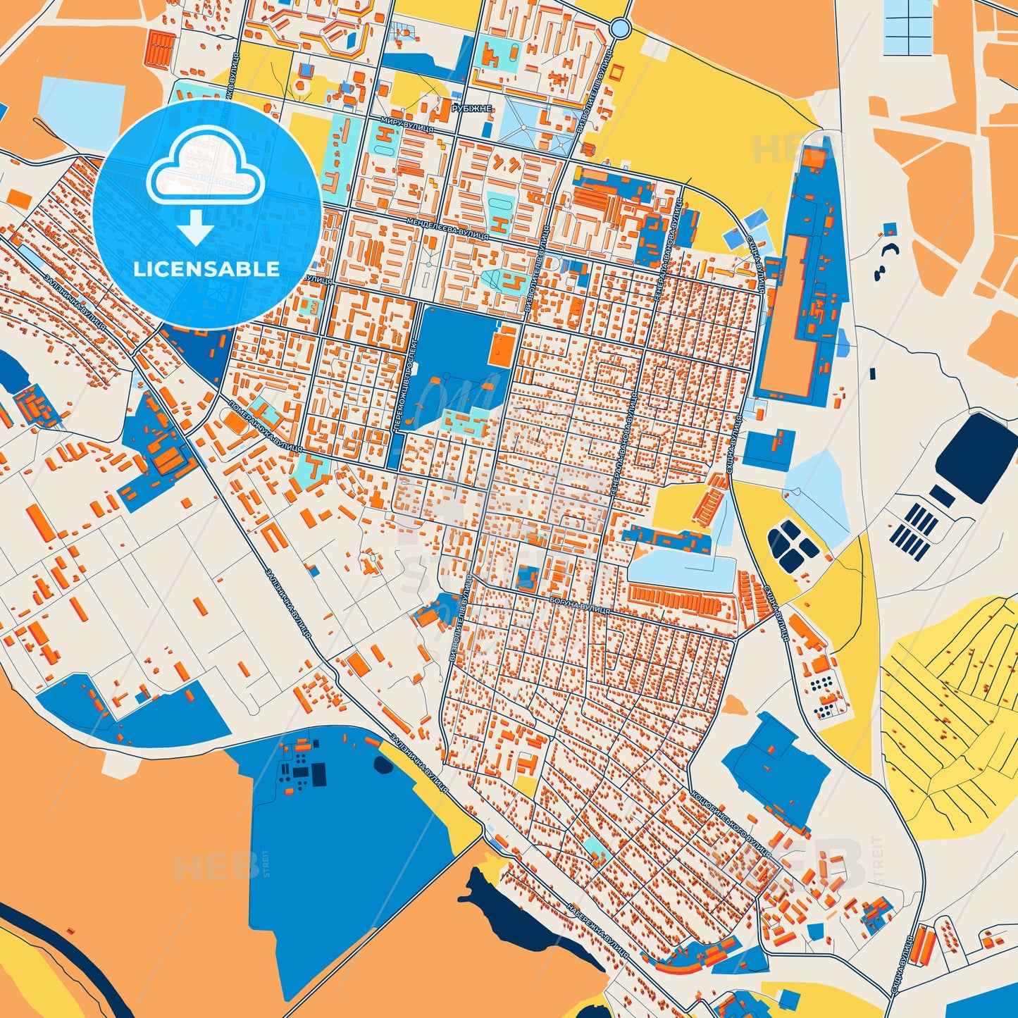 Colorful Rubizhne Street Map with Labels and Buildings