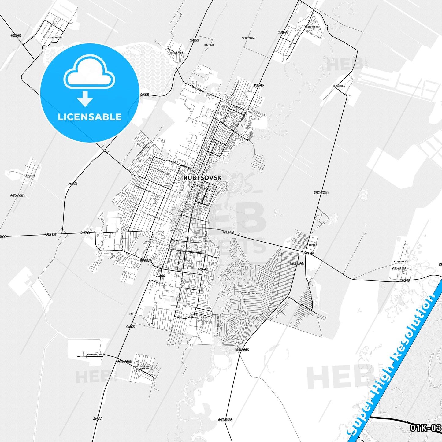 Rubtsovsk, Russia light map with streetnames, citynames and districts