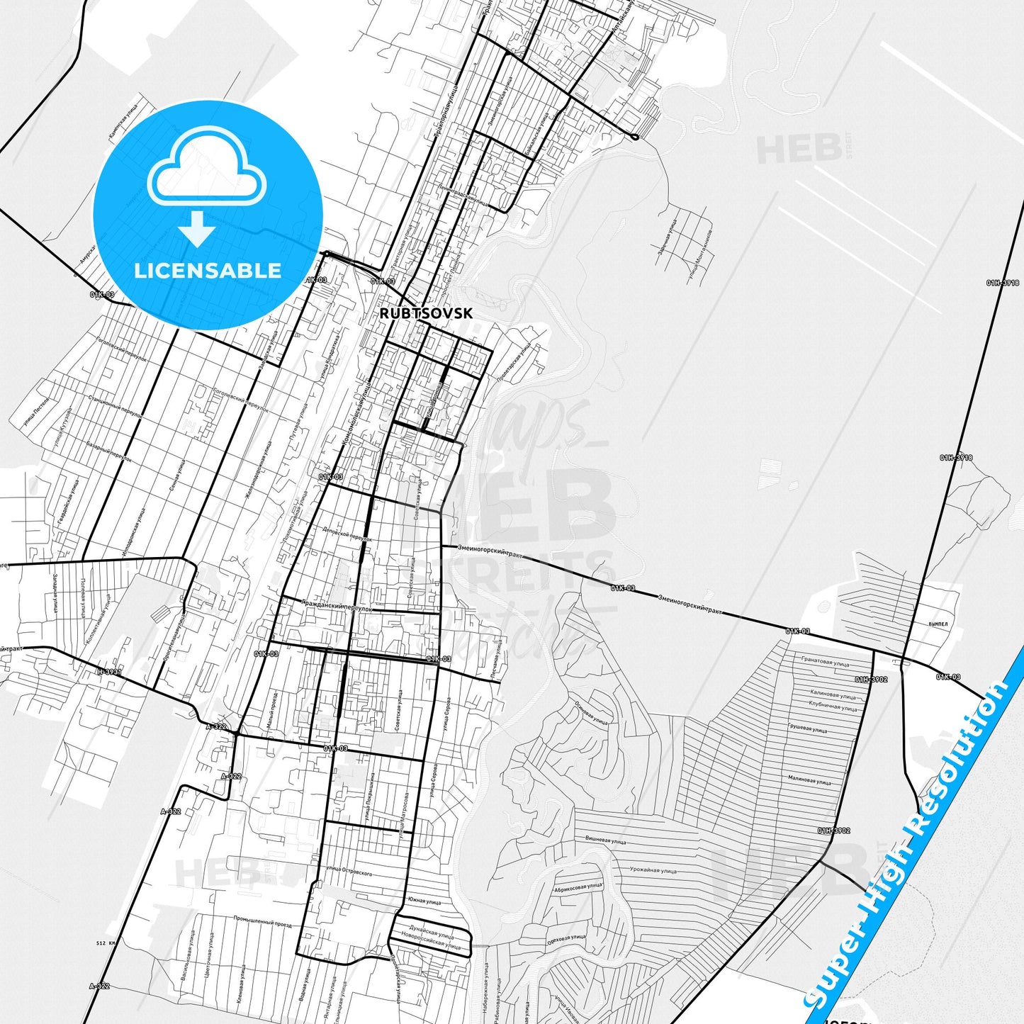 Rubtsovsk, Russia Light Map with Street Names, City Names, and Districts