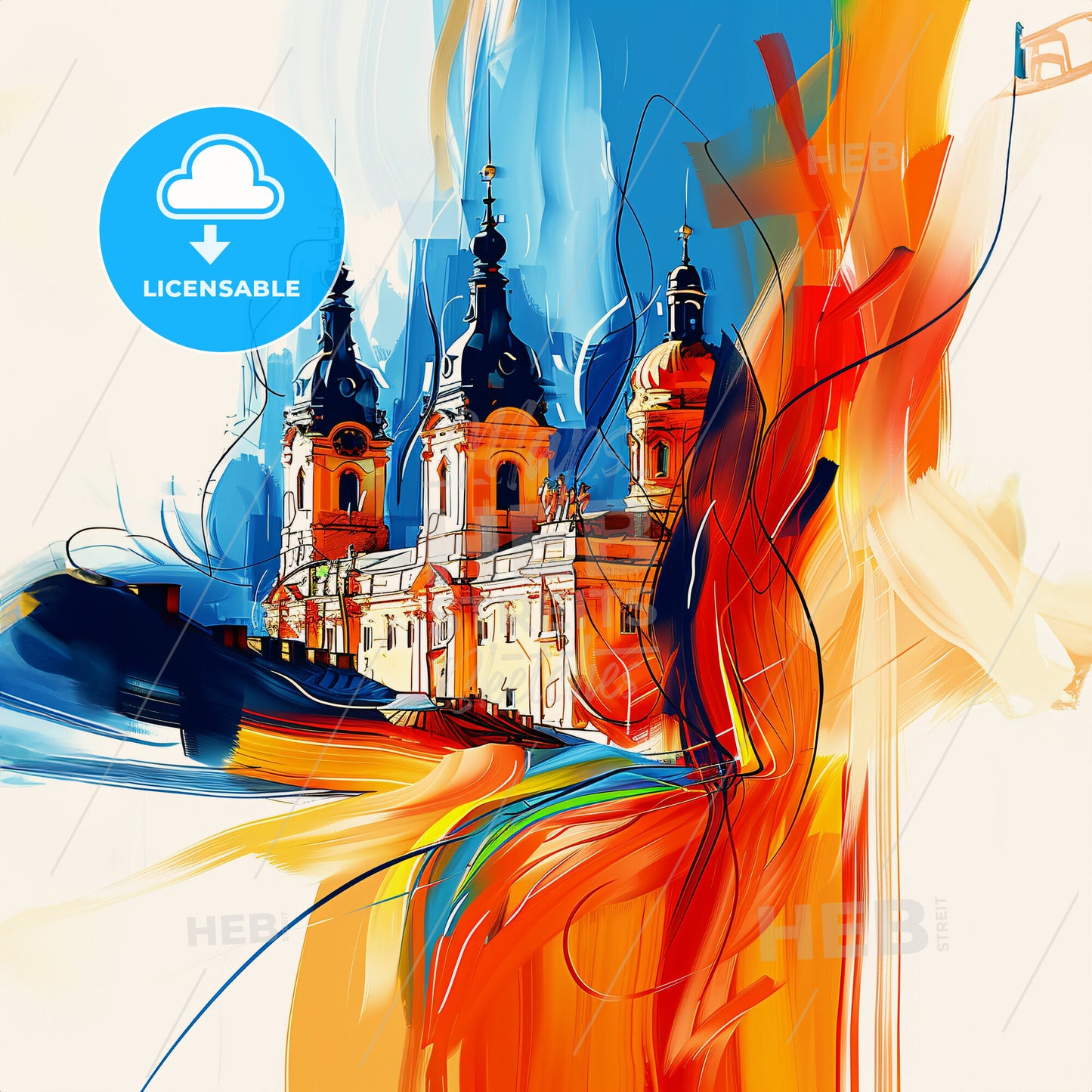 Vibrant Ruda Śląska, Poland - A Painting Of A Building With Towers And A Colorful Background