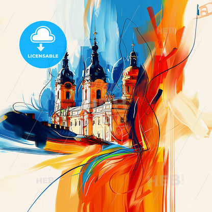 Vibrant Ruda Śląska, Poland - A Painting Of A Building With Towers And A Colorful Background