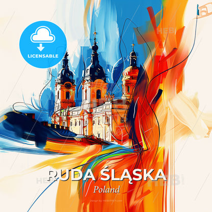 Vibrant Ruda Śląska, Poland - A Painting Of A Building With Towers And A Colorful Background - Square format print template