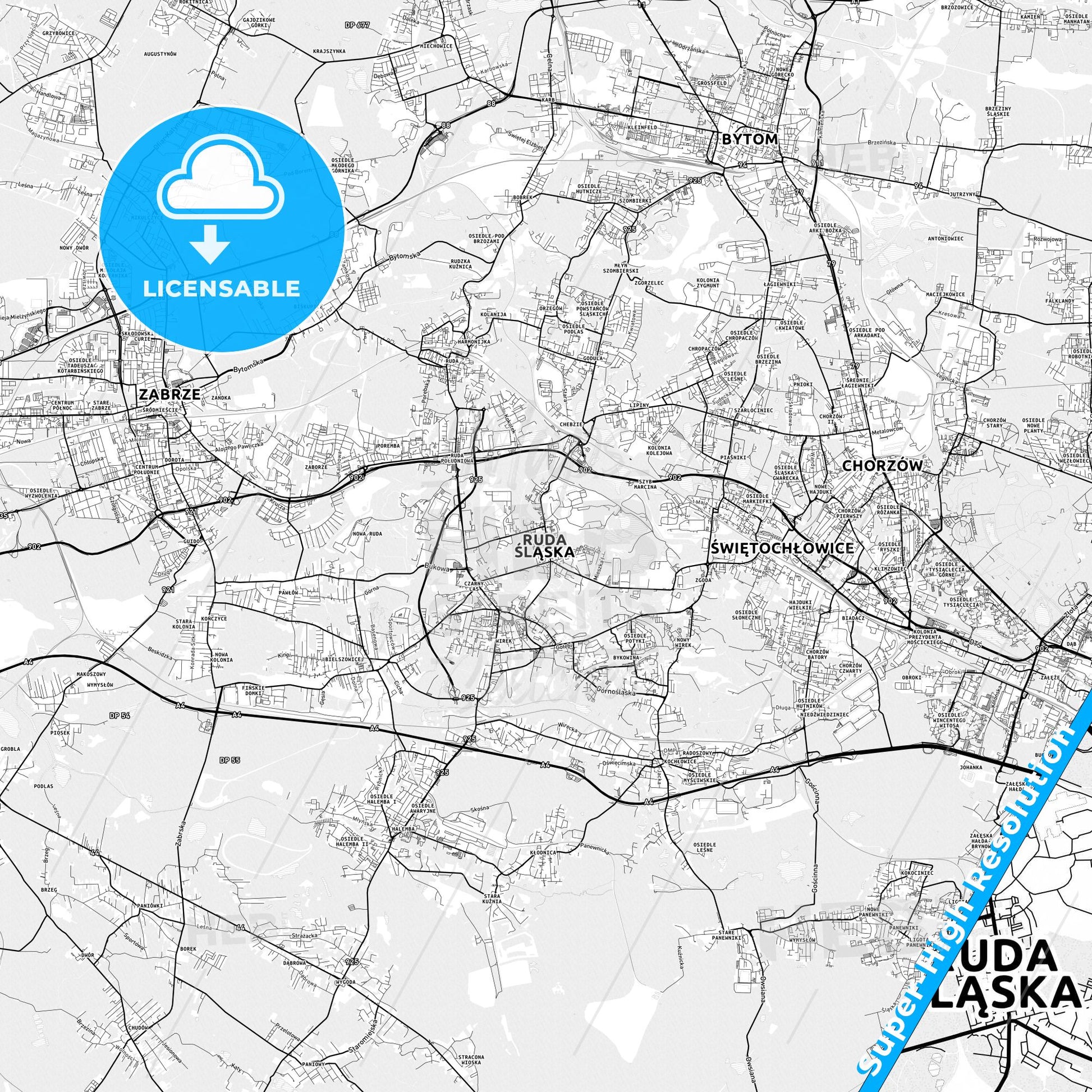 Ruda Śląska, Poland light map with streetnames, citynames and districts