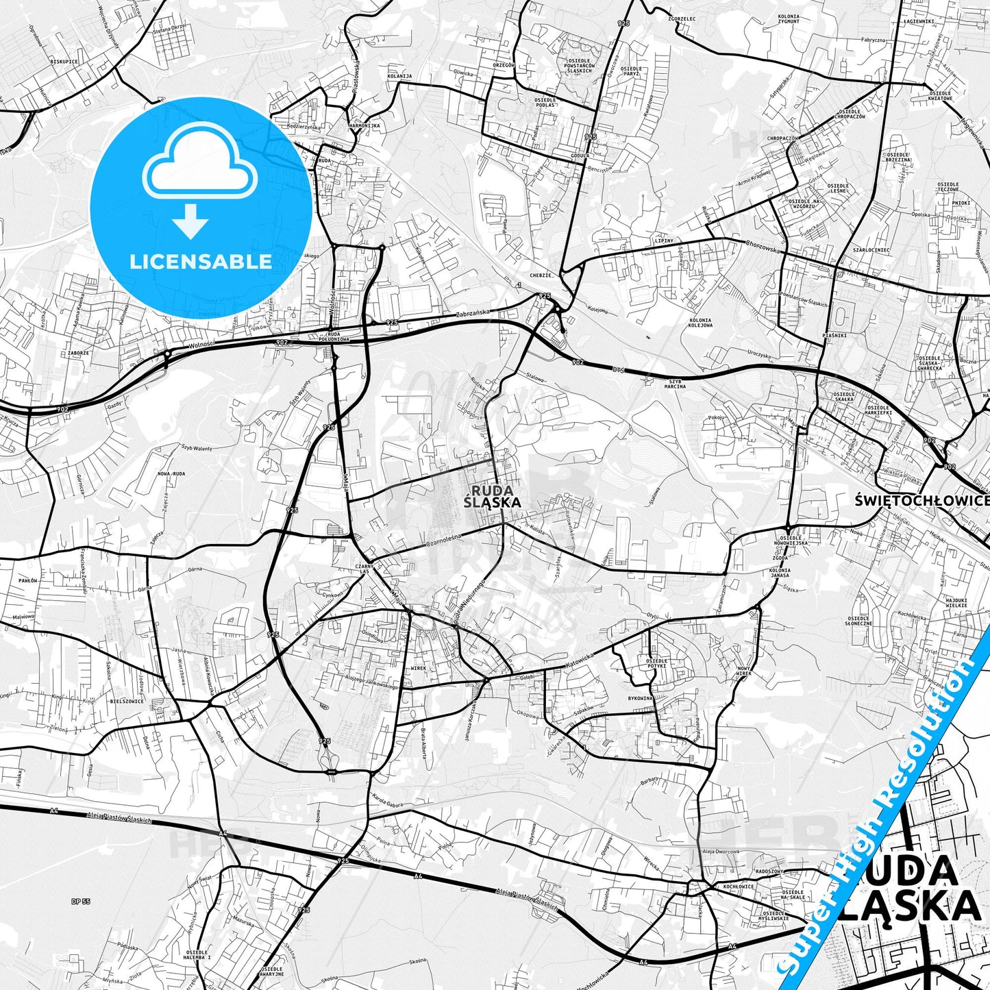 Ruda Śląska, Poland Light Map with Street Names, City Names, and Districts