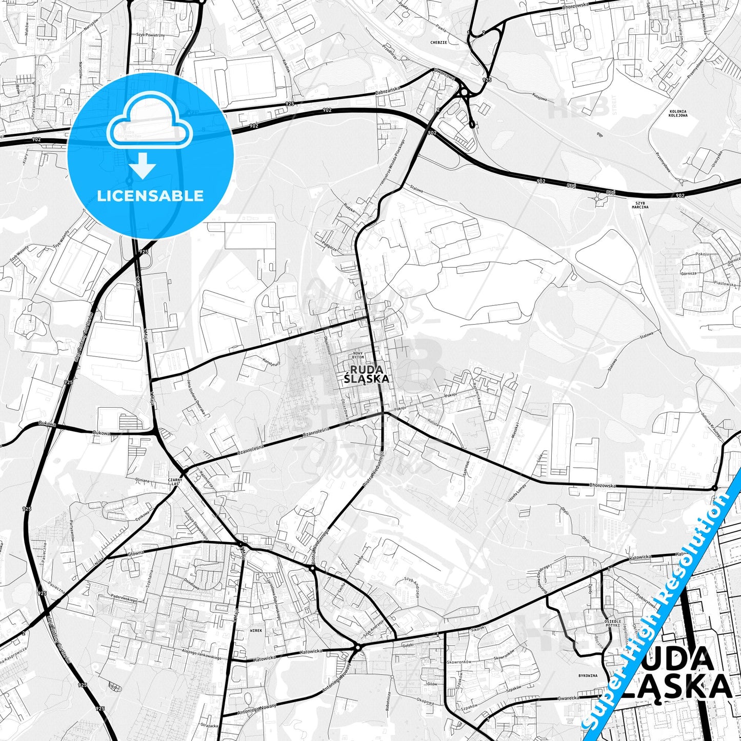 Ruda Śląska, Poland Light Map with Street Names, City Names, and Districts