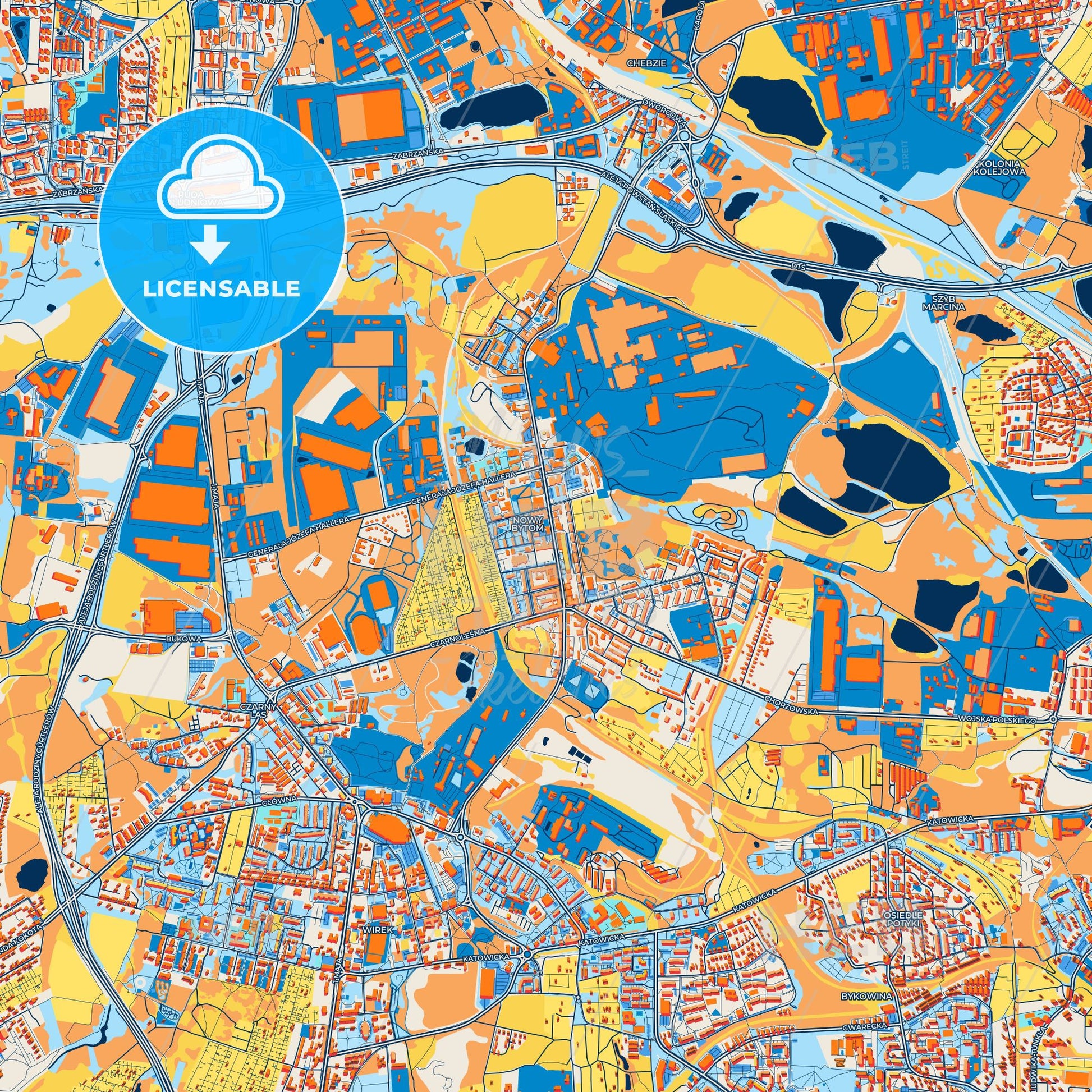 Colorful Ruda Śląska Street Map with Labels and Buildings