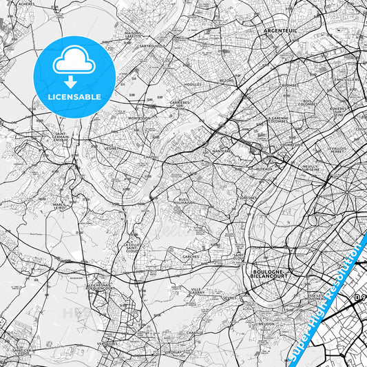 Rueil-Malmaison, France light map with streetnames, citynames and districts