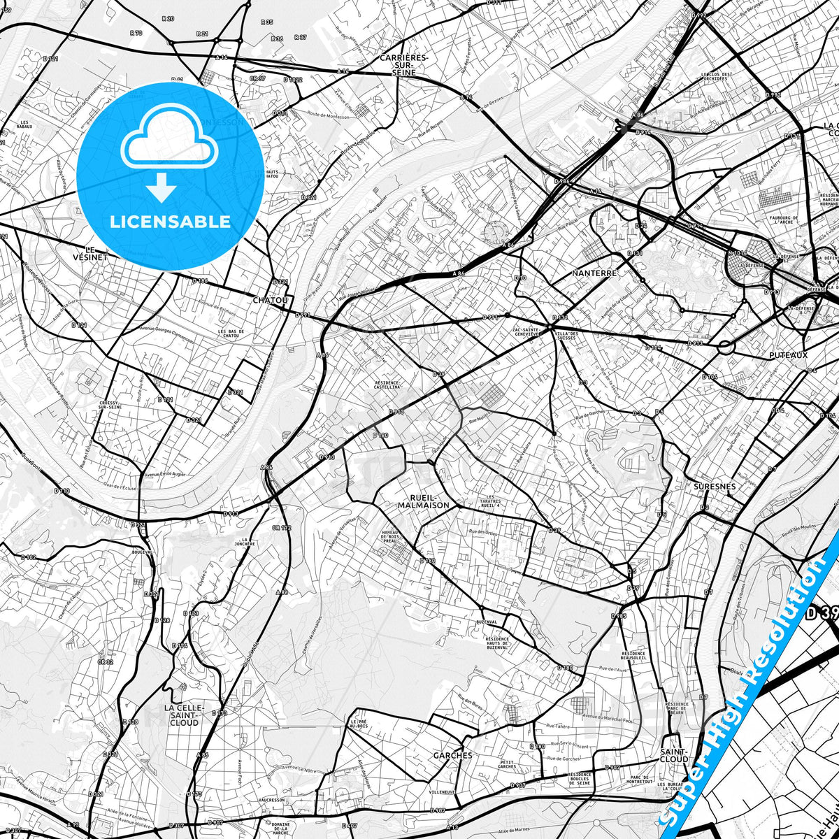 Rueil-Malmaison, France Light Map with Street Names, City Names, and Districts