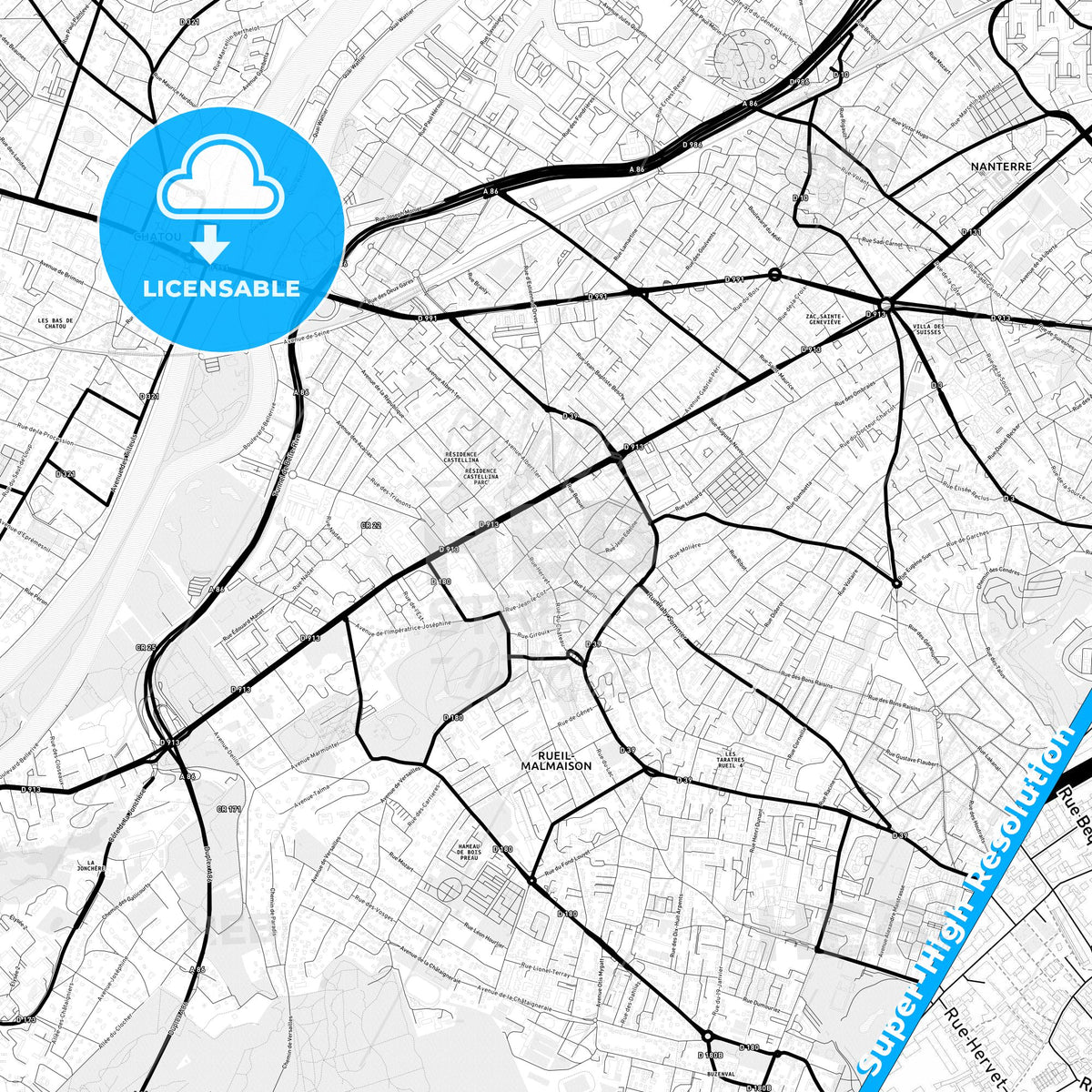 Rueil-Malmaison, France Light Map with Street Names, City Names, and Districts