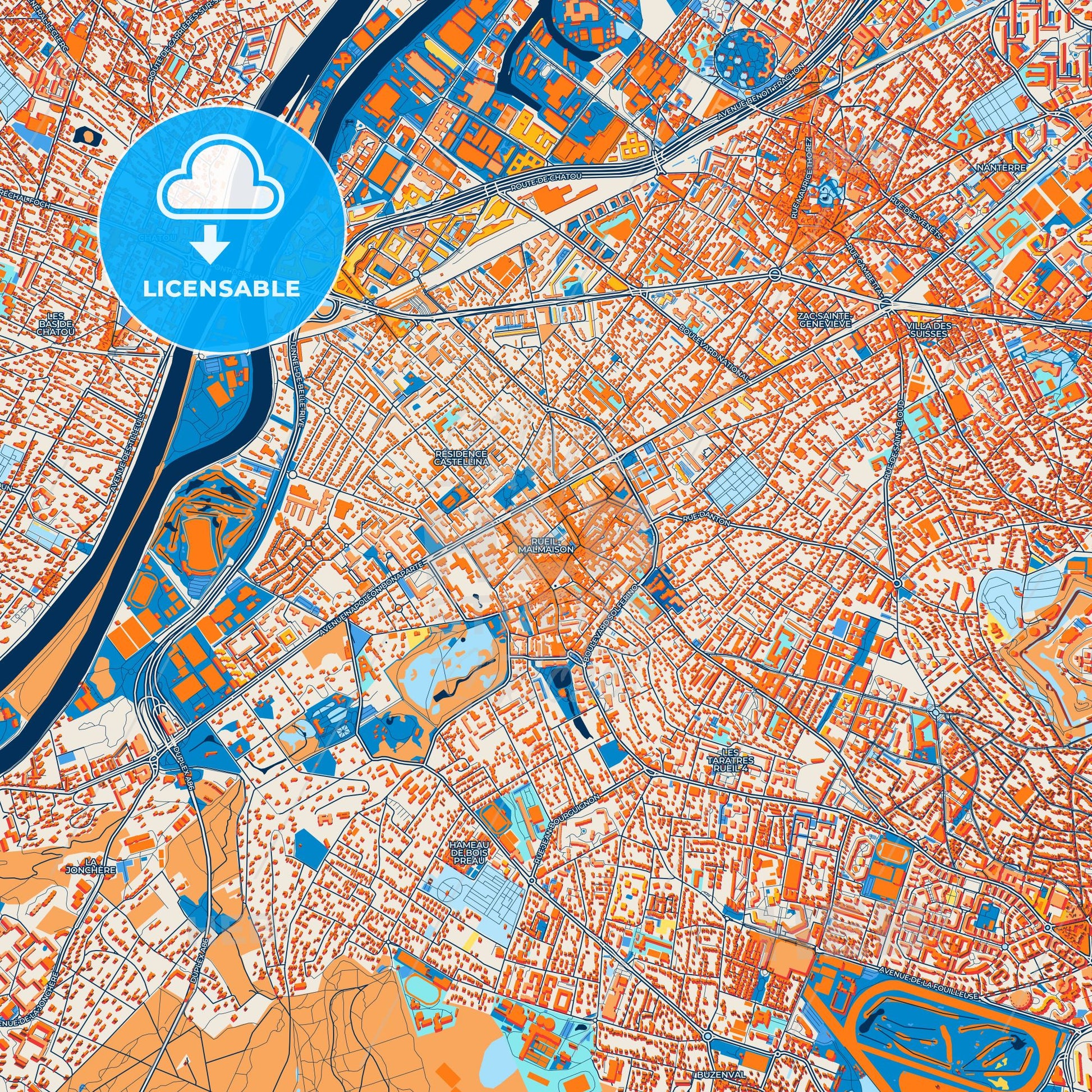 Colorful Rueil-Malmaison Street Map with Labels and Buildings