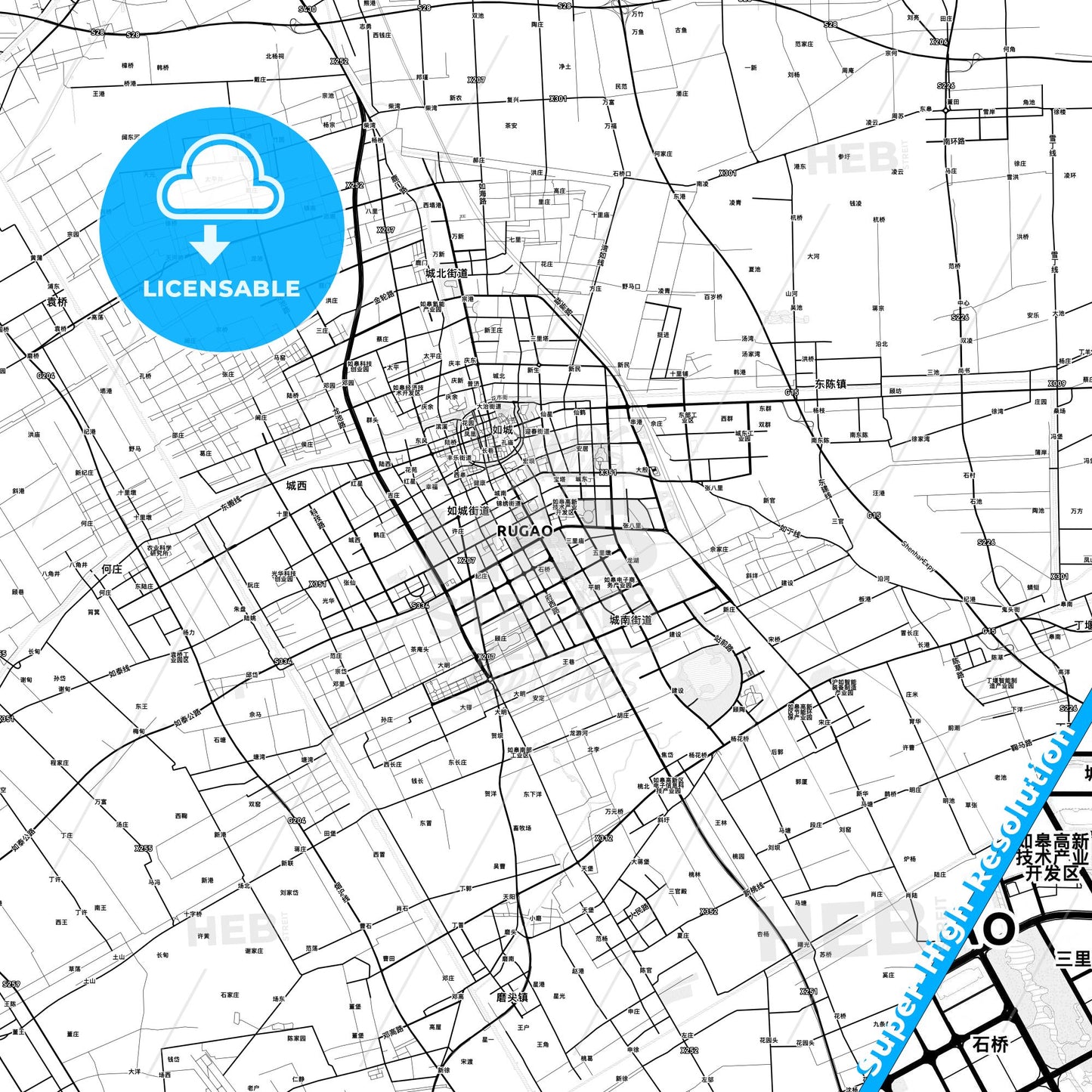 Rugao, China light map with streetnames, citynames and districts