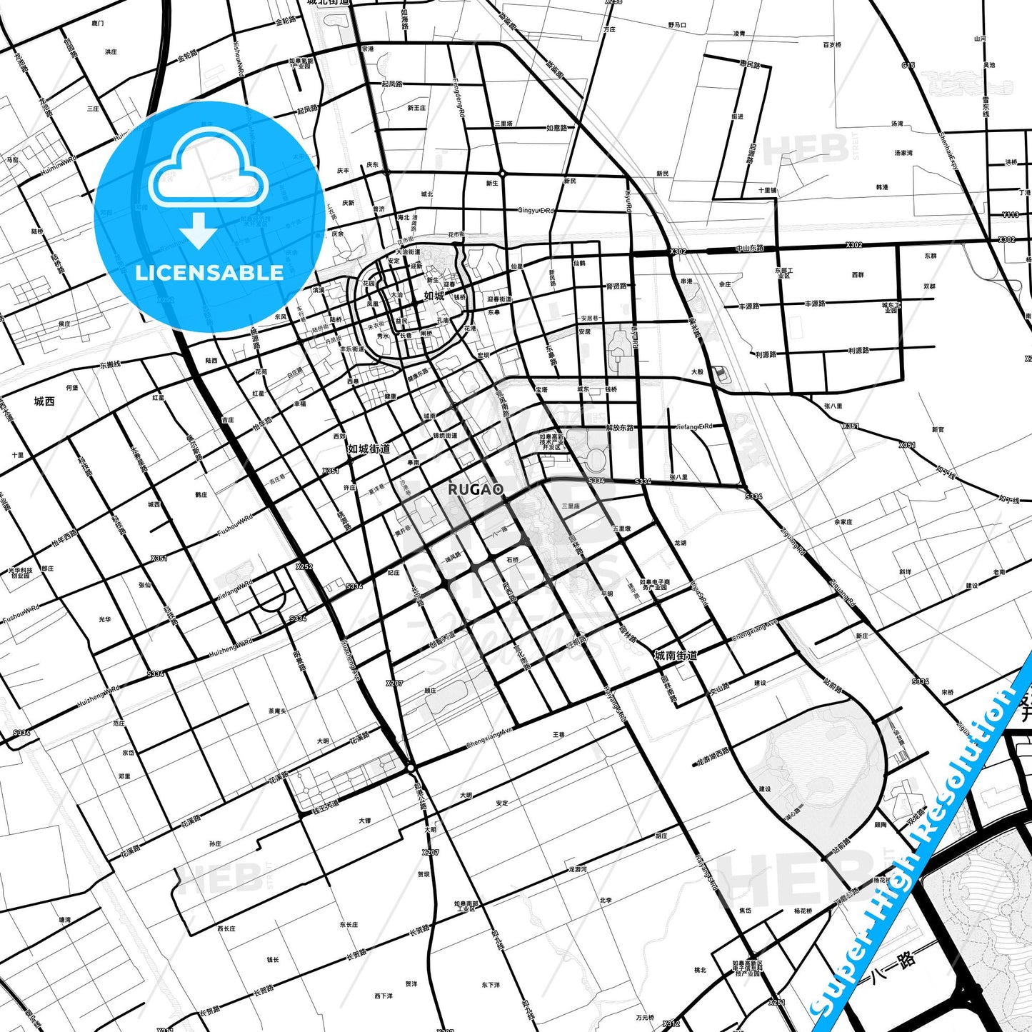 Rugao, China Light Map with Street Names, City Names, and Districts