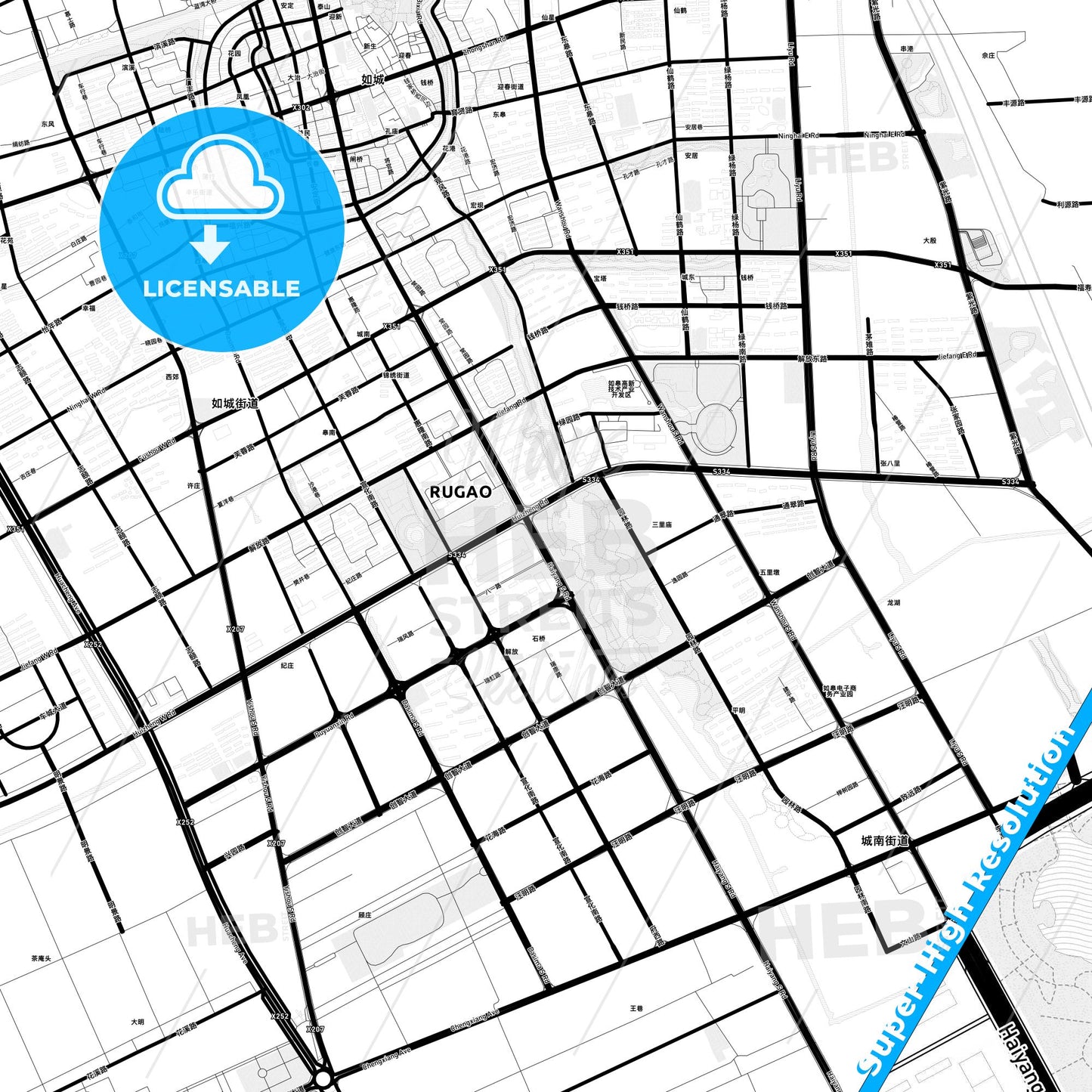 Rugao, China Light Map with Street Names, City Names, and Districts