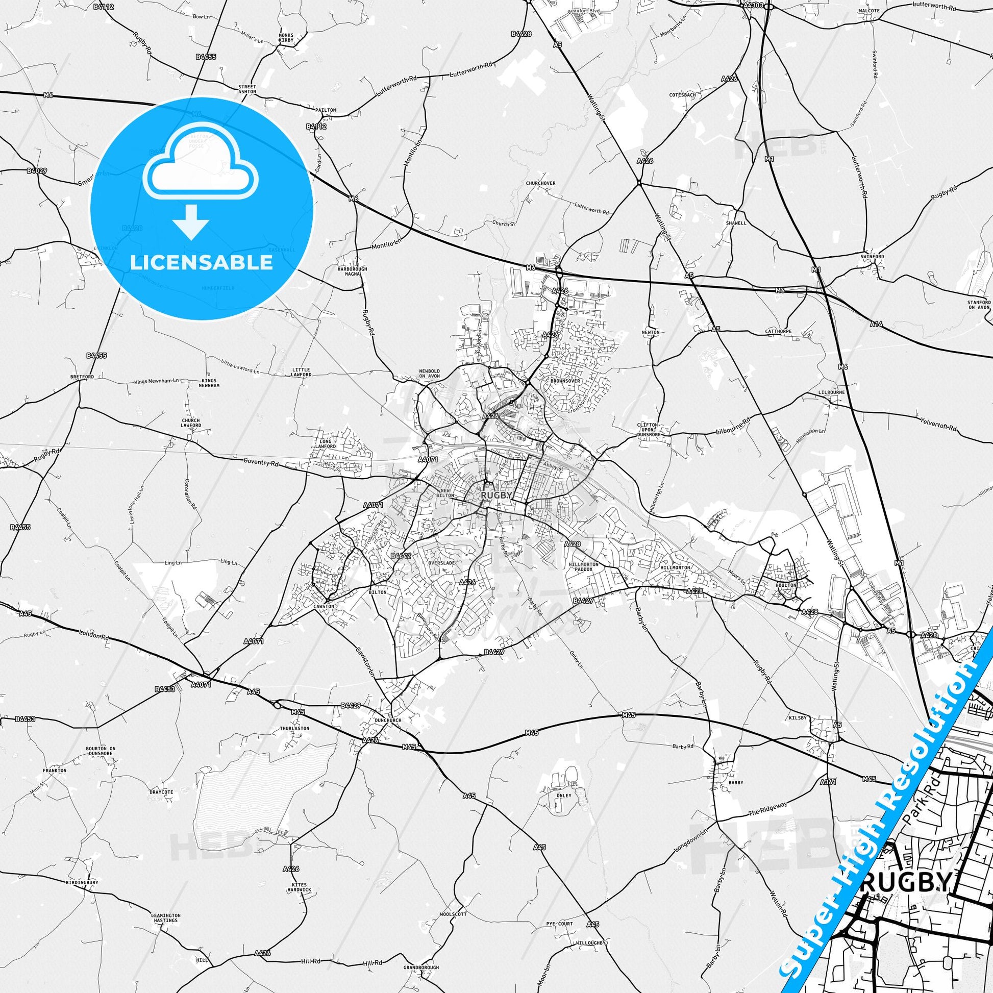 Rugby, England light map with streetnames, citynames and districts