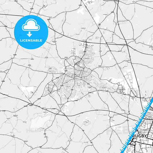 Rugby, England light map with streetnames, citynames and districts