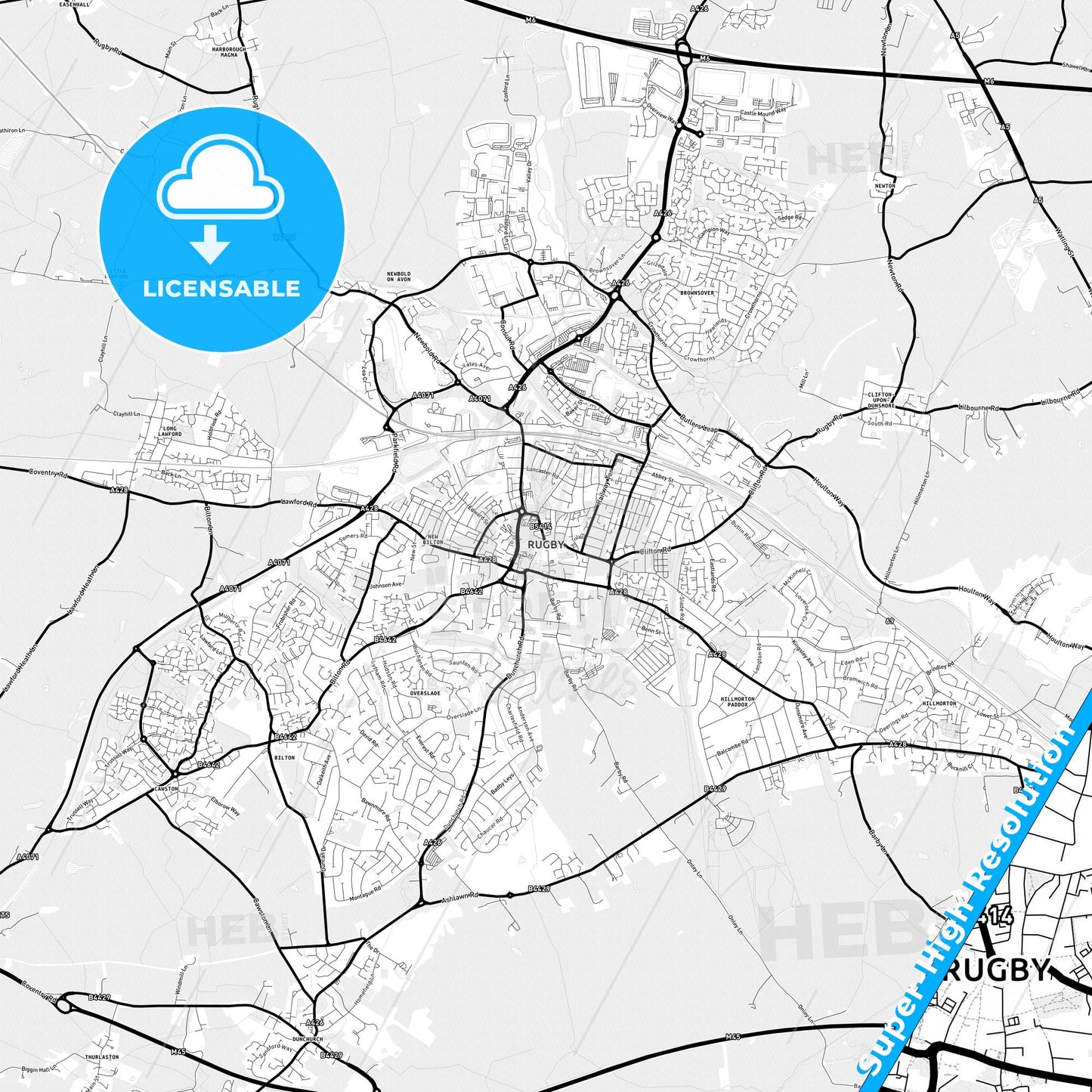 Rugby, England Light Map with Street Names, City Names, and Districts