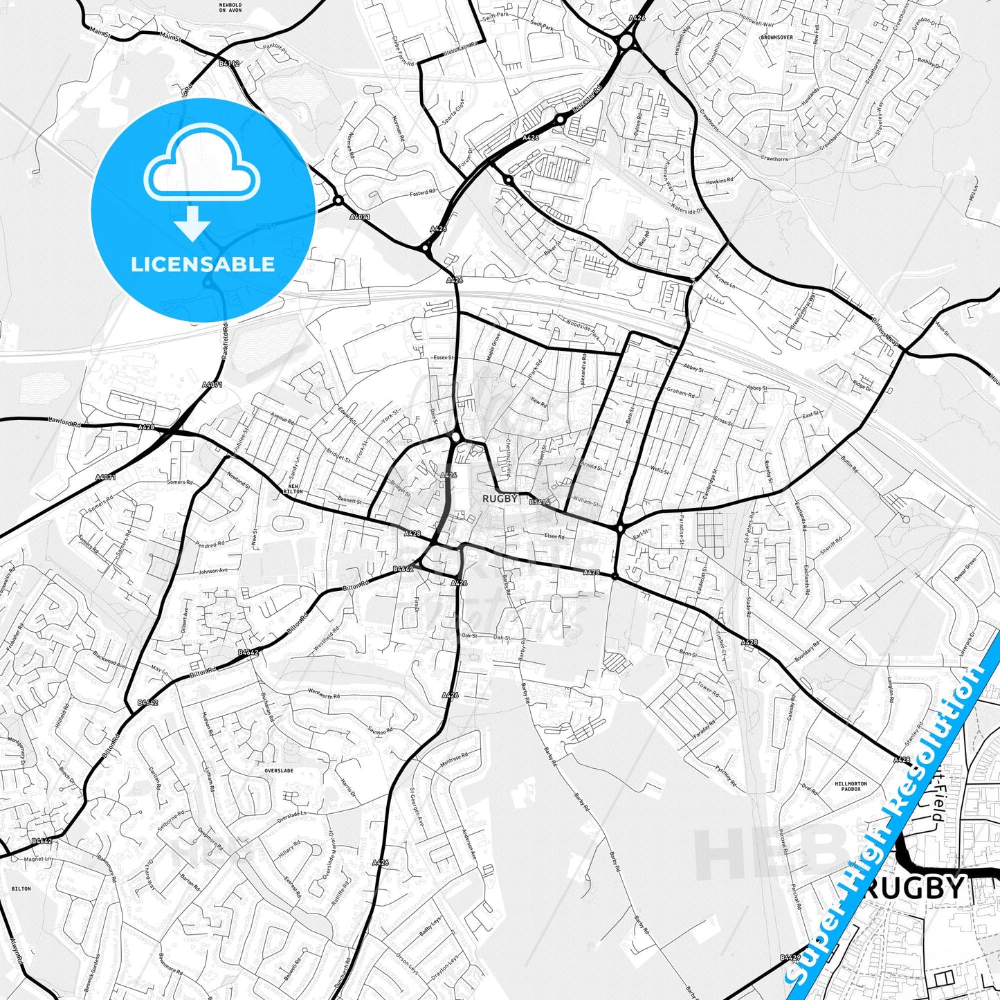 Rugby, England Light Map with Street Names, City Names, and Districts