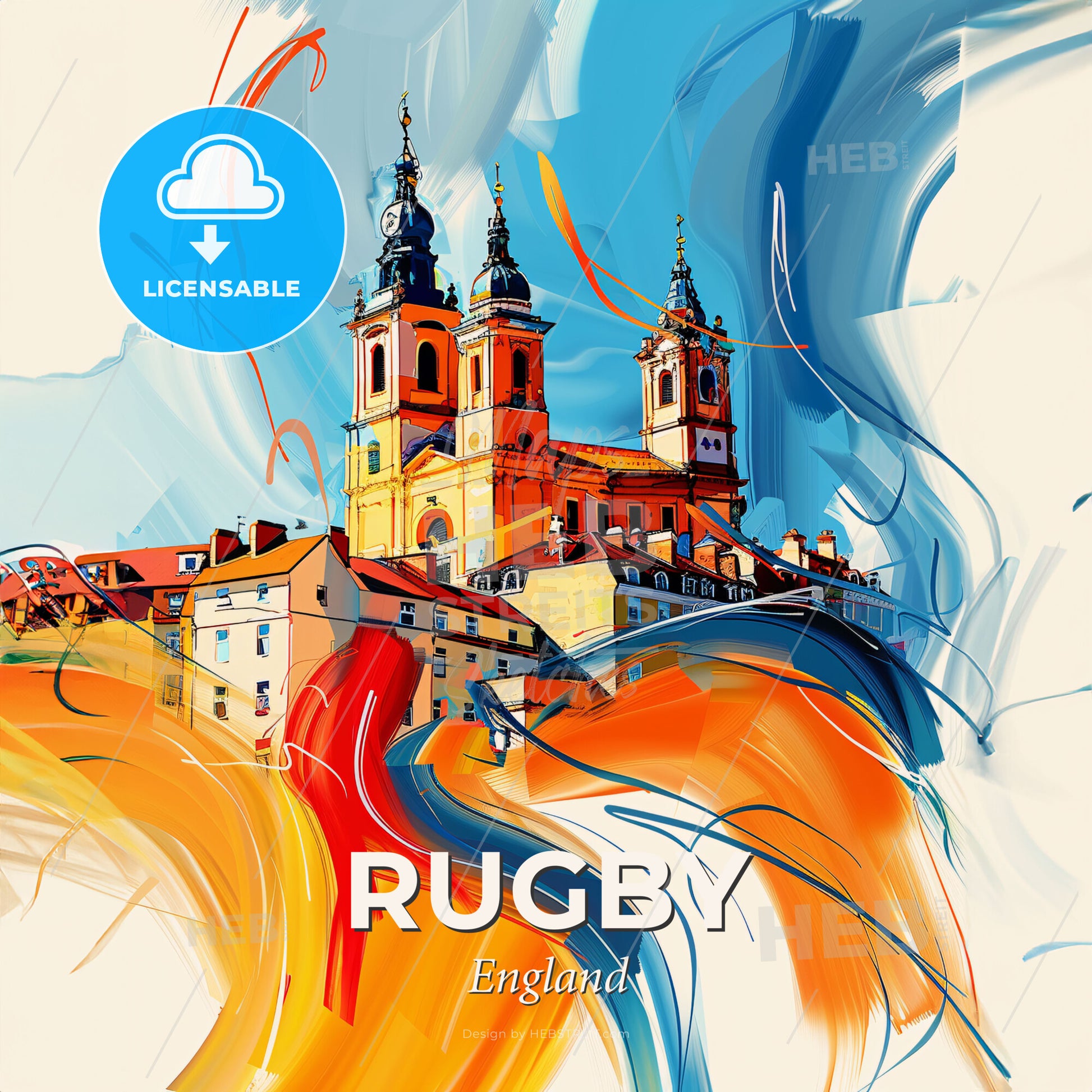 Vibrant Rugby, England - A Painting Of A Building With Towers - Square format print template