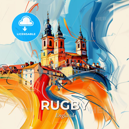 Vibrant Rugby, England - A Painting Of A Building With Towers - Square format print template