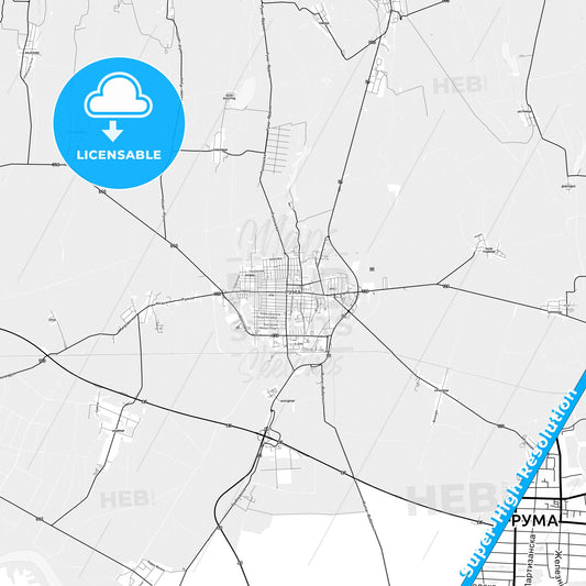 Ruma, Serbia light map with streetnames, citynames and districts