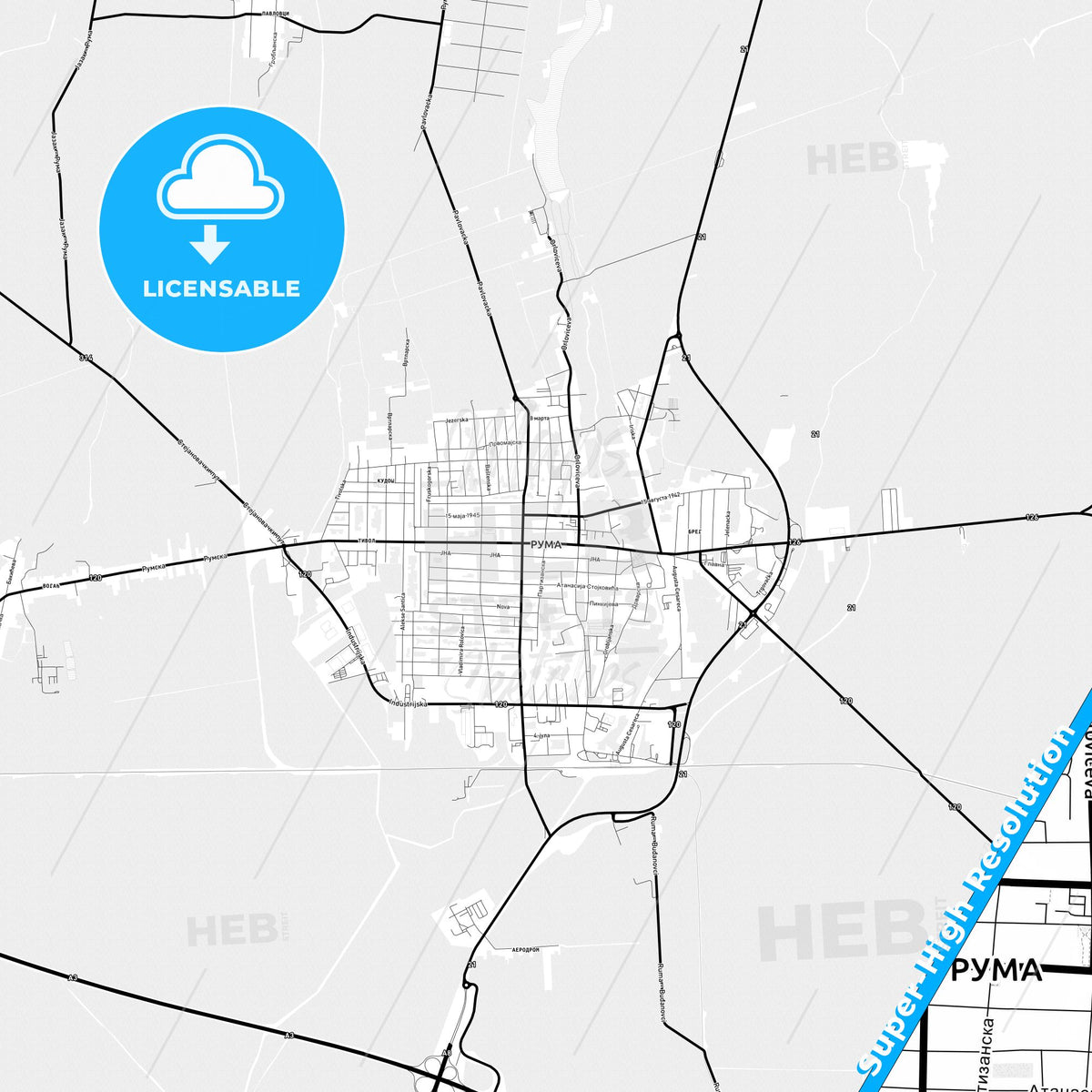 Ruma, Serbia Light Map with Street Names, City Names, and Districts
