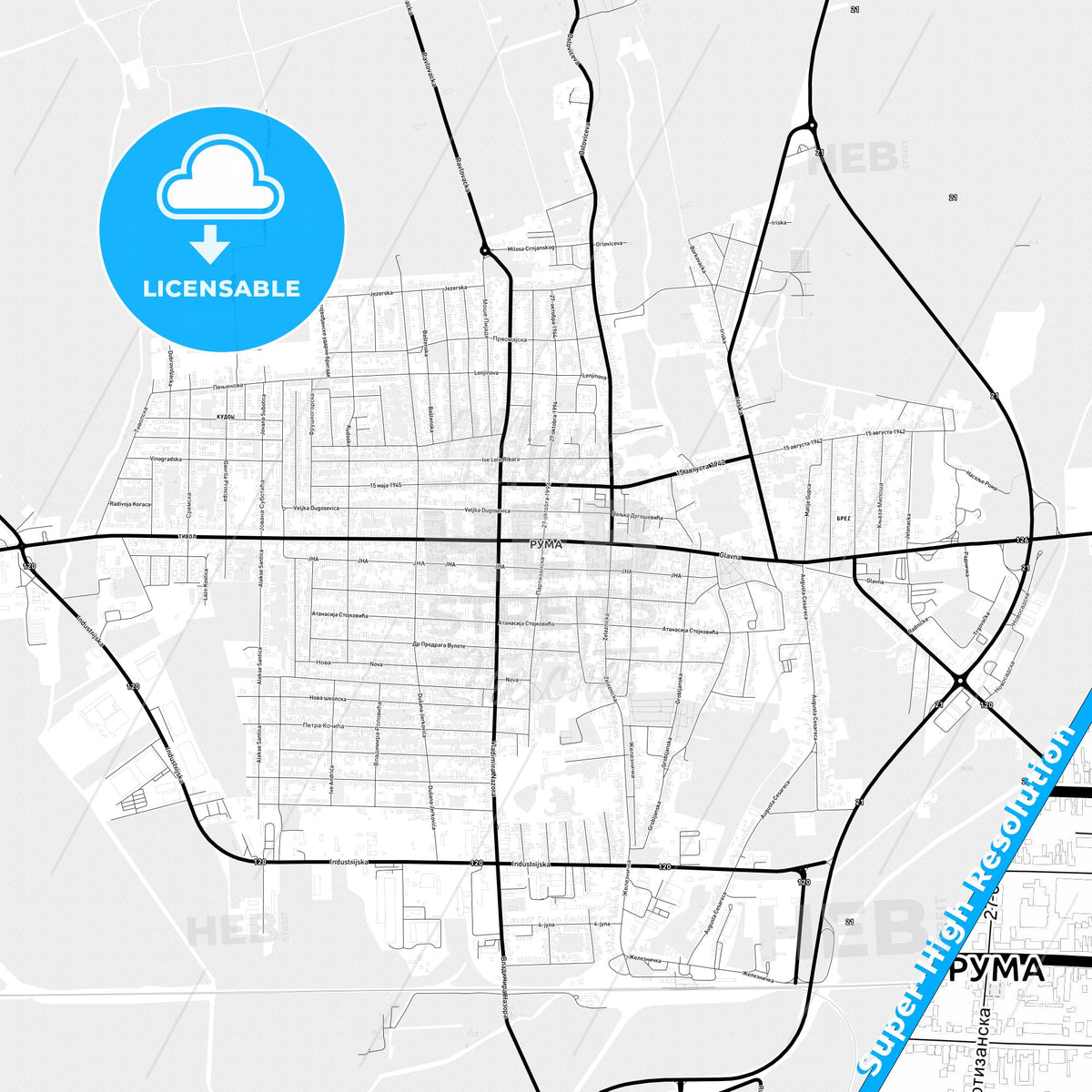 Ruma, Serbia Light Map with Street Names, City Names, and Districts