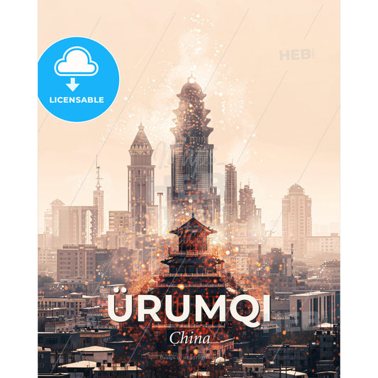 Ãœrumqi Skyline Sparkles Double Exposure Art - A large city with a tower and fireworks - Square format print template
