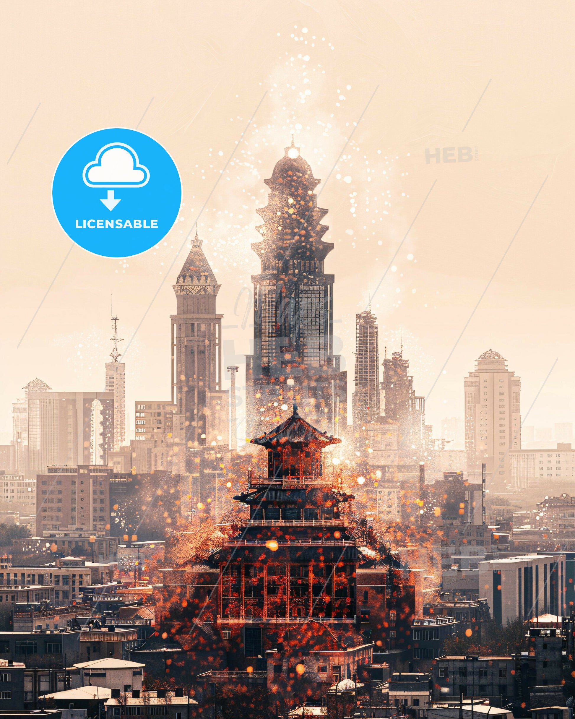 Ãœrumqi Skyline Sparkles Double Exposure Art - A large city with a tower and fireworks