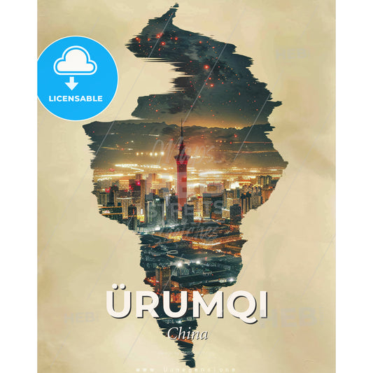 Ãœrumqi: Double Exposure Skyline Icon Art Poster - A cityscape with a tower - Square format print template