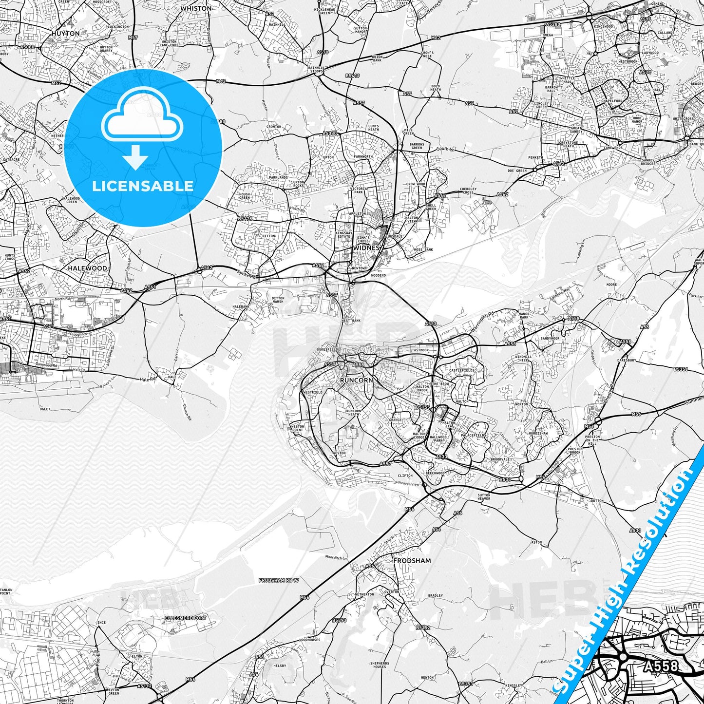 Runcorn, England light map with streetnames, citynames and districts