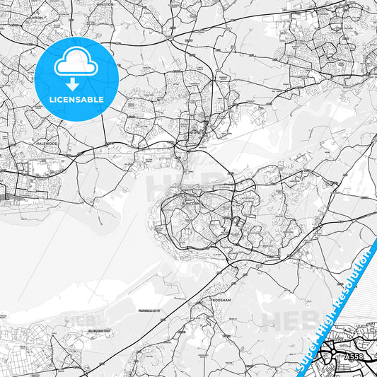 Runcorn, England light map with streetnames, citynames and districts