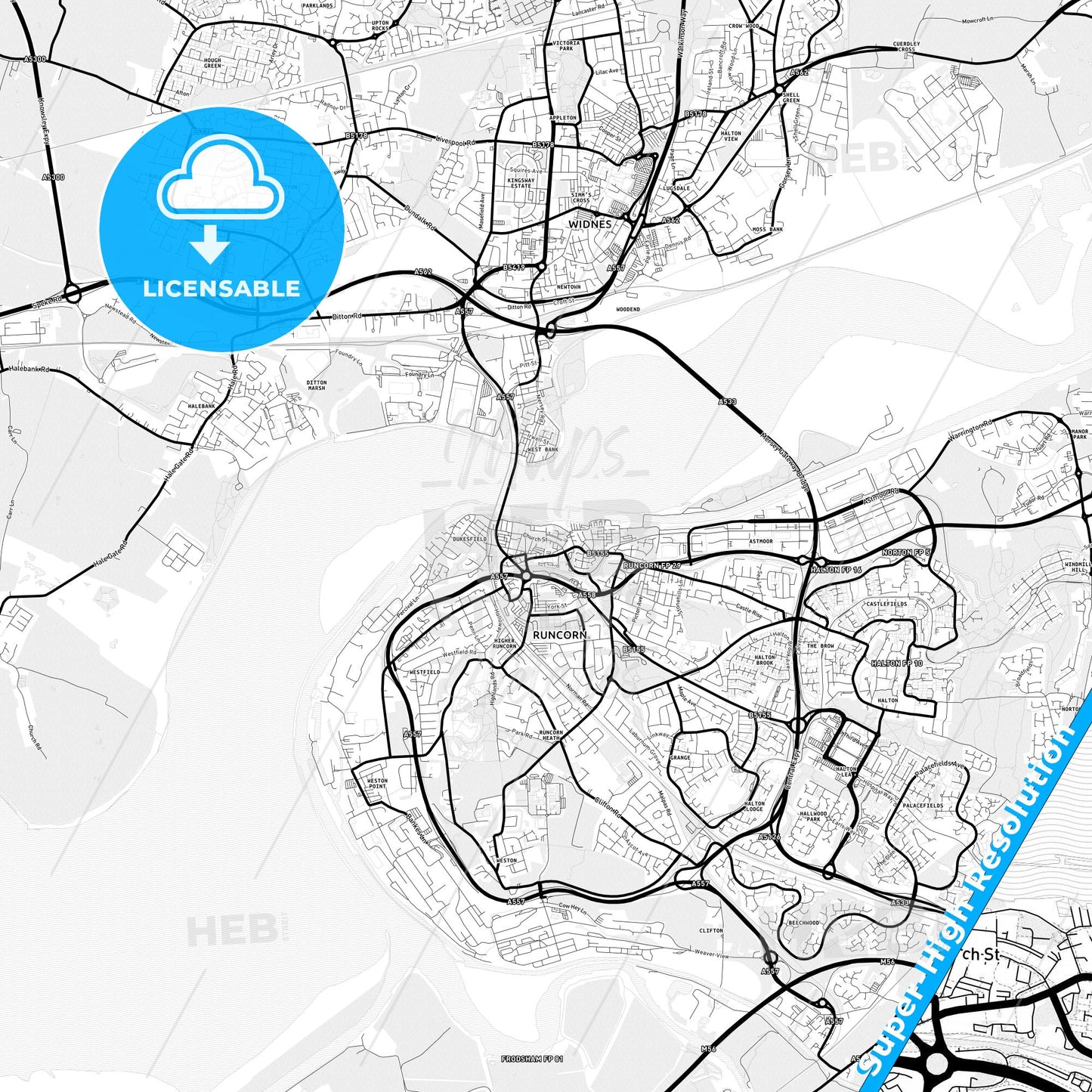 Runcorn, England Light Map with Street Names, City Names, and Districts
