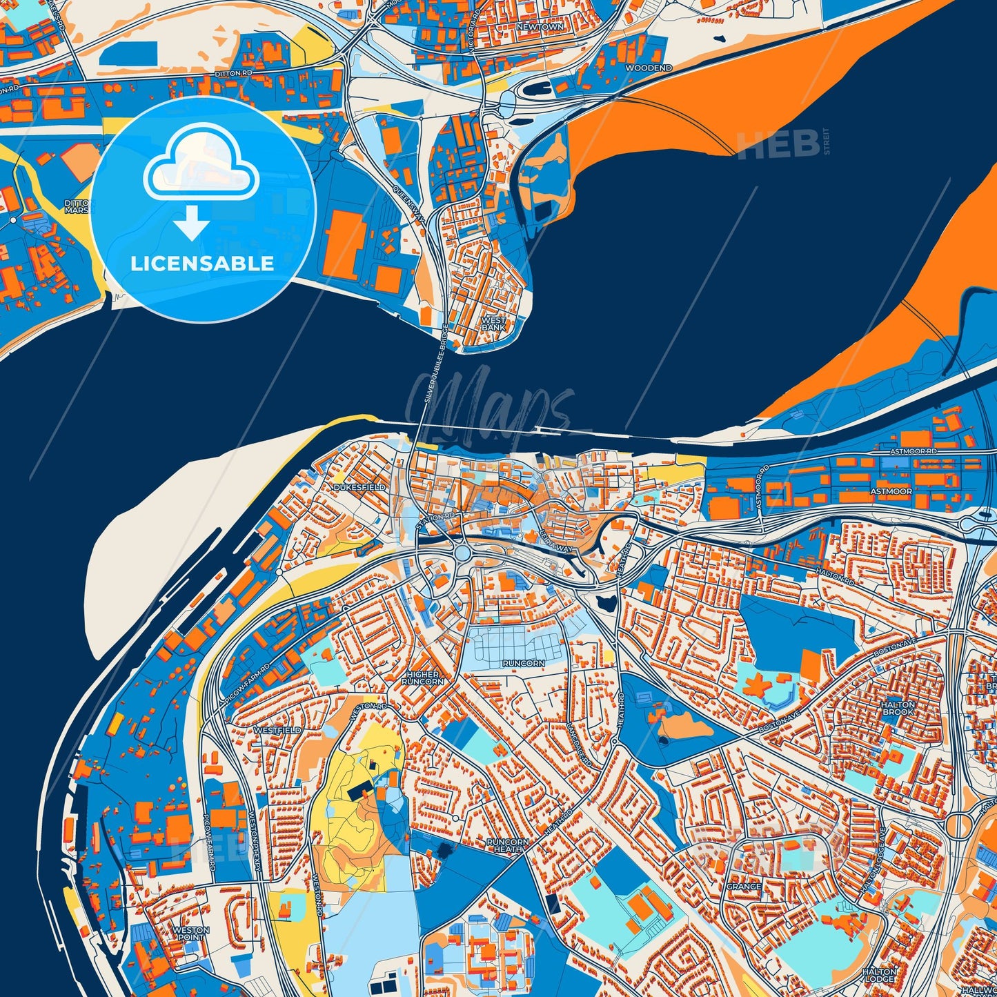 Colorful Runcorn Street Map with Labels and Buildings