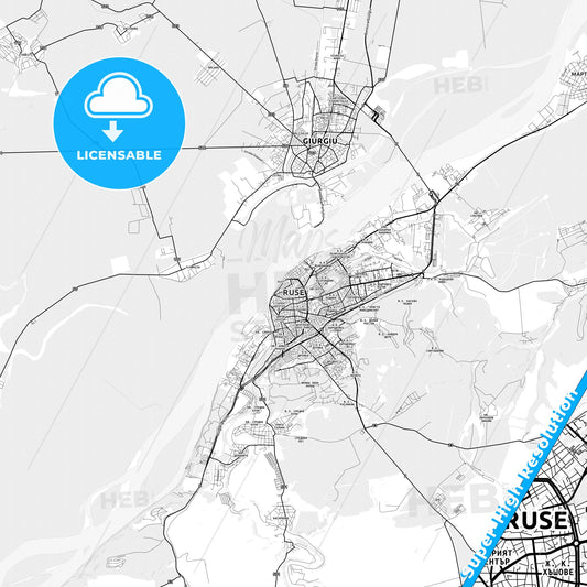 Ruse, Bulgaria light map with streetnames, citynames and districts