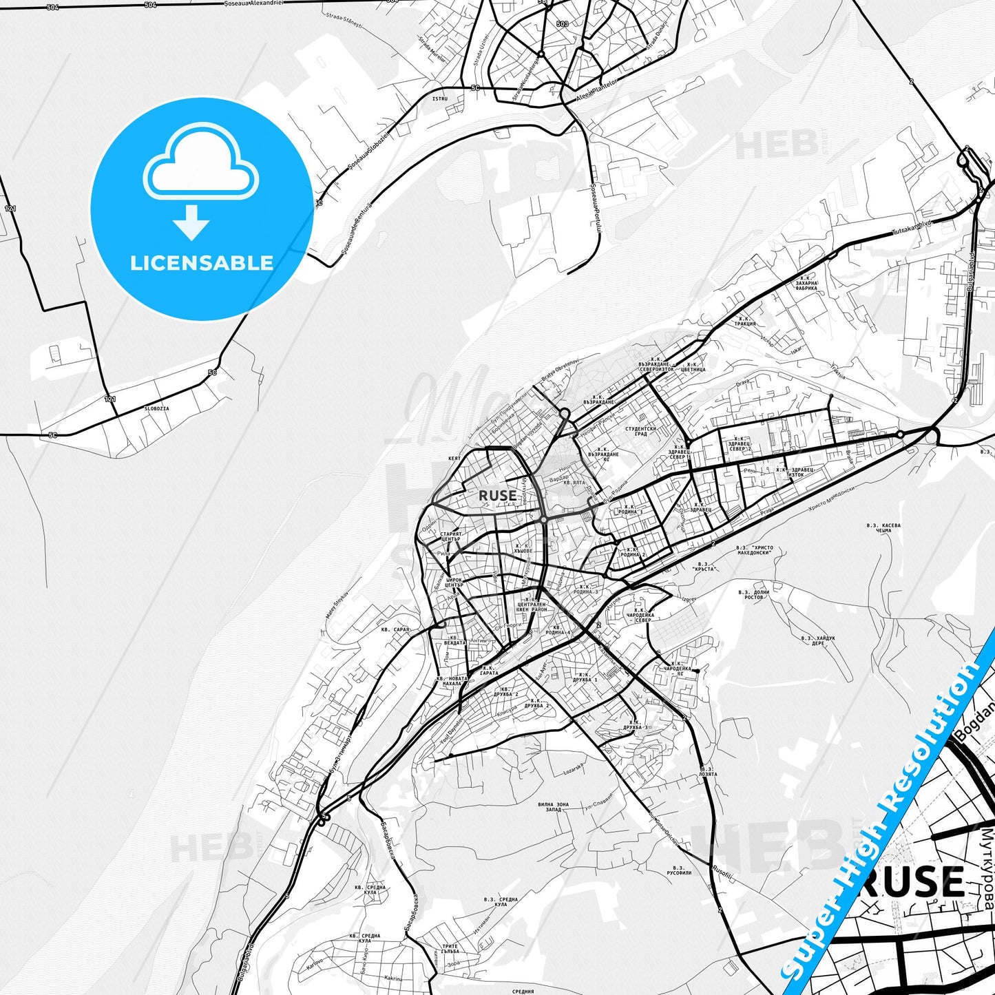 Ruse, Bulgaria Light Map with Street Names, City Names, and Districts