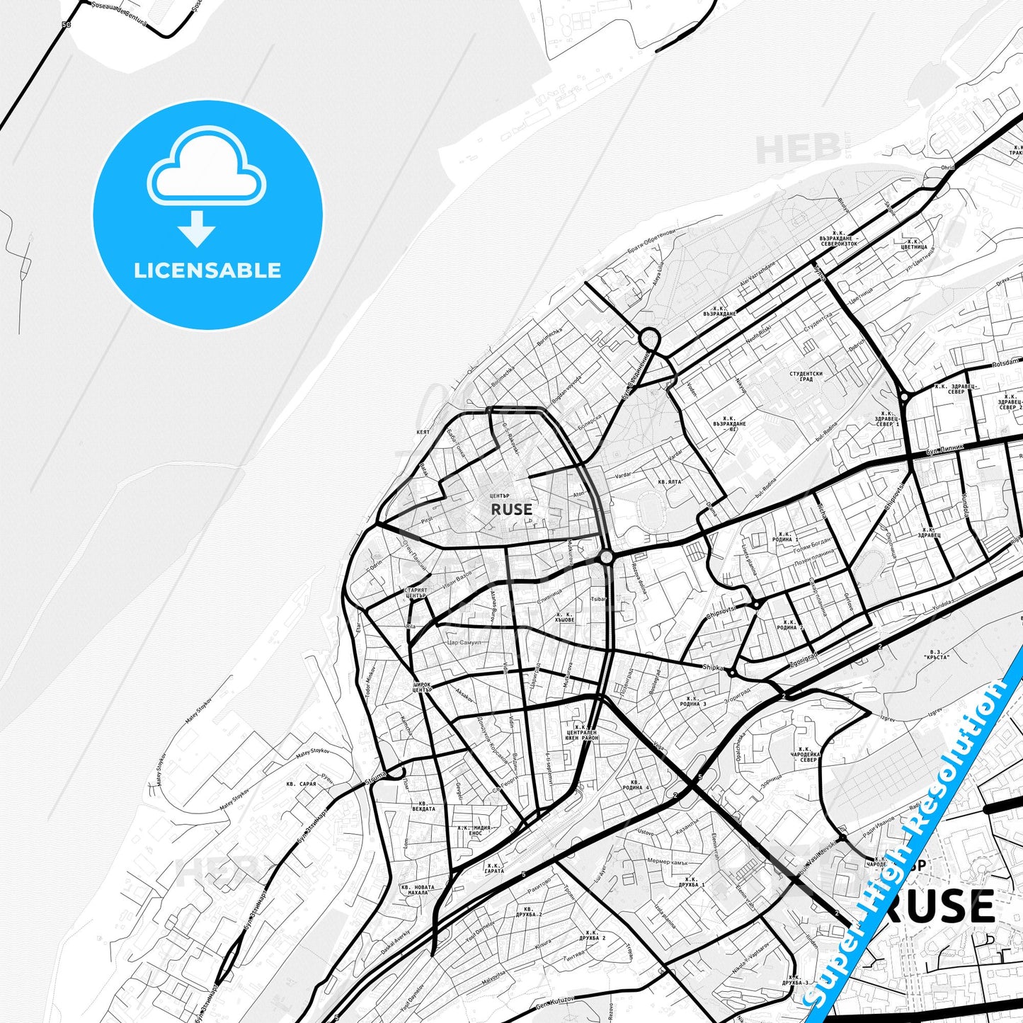 Ruse, Bulgaria Light Map with Street Names, City Names, and Districts