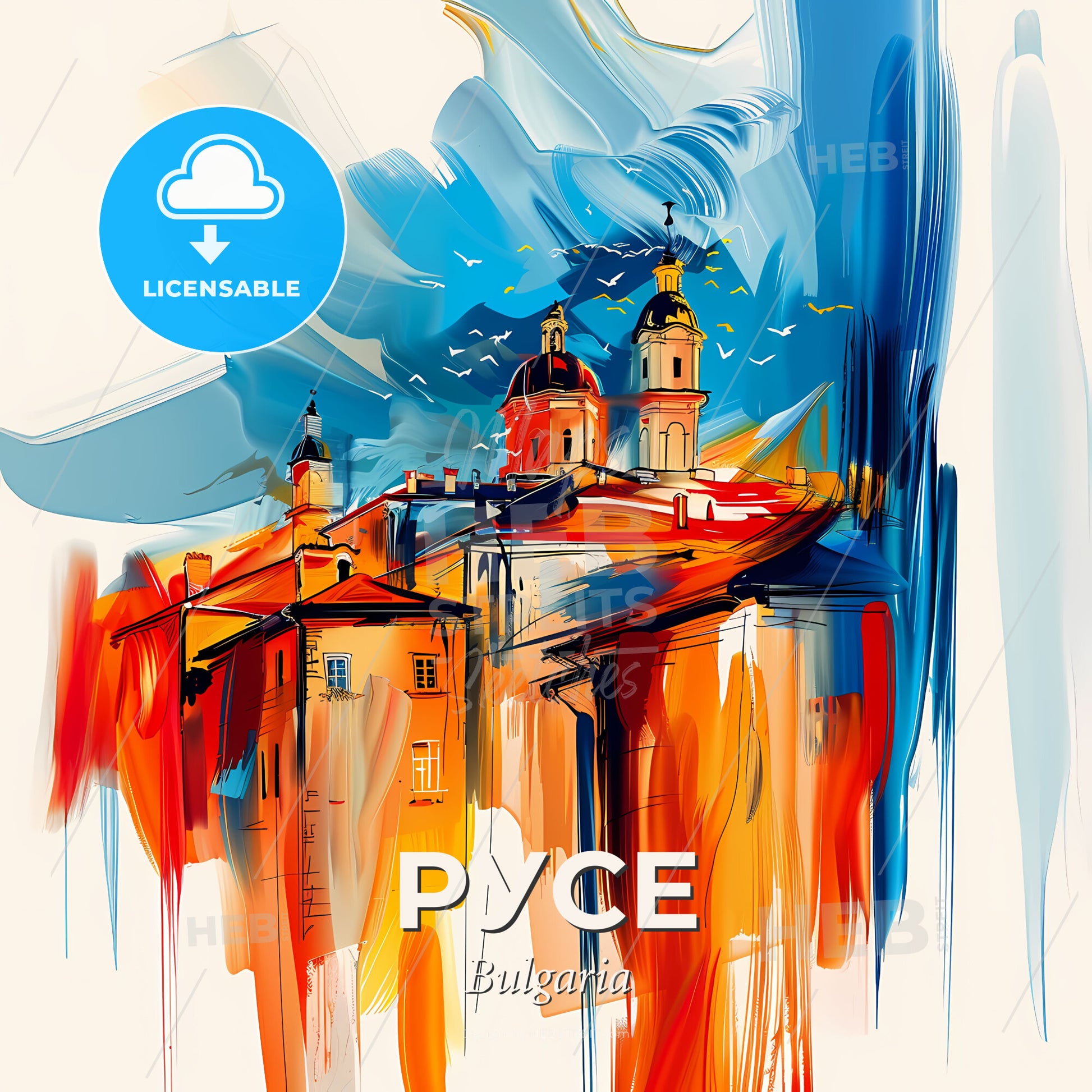 Vibrant Русе, Bulgaria - A Painting Of A Building With A Colorful Background - Square format print template