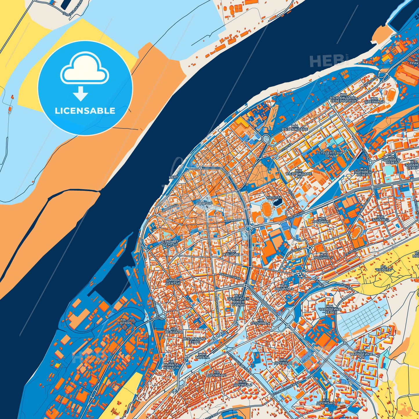 Colorful Ruse Street Map with Labels and Buildings