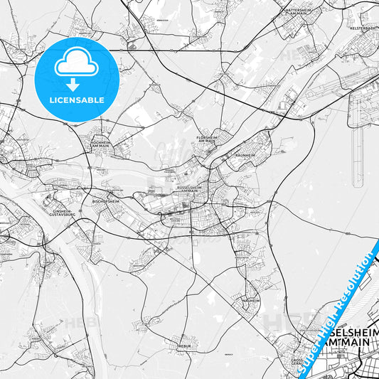 Russelsheim am Main, Germany light map with streetnames, citynames and districts