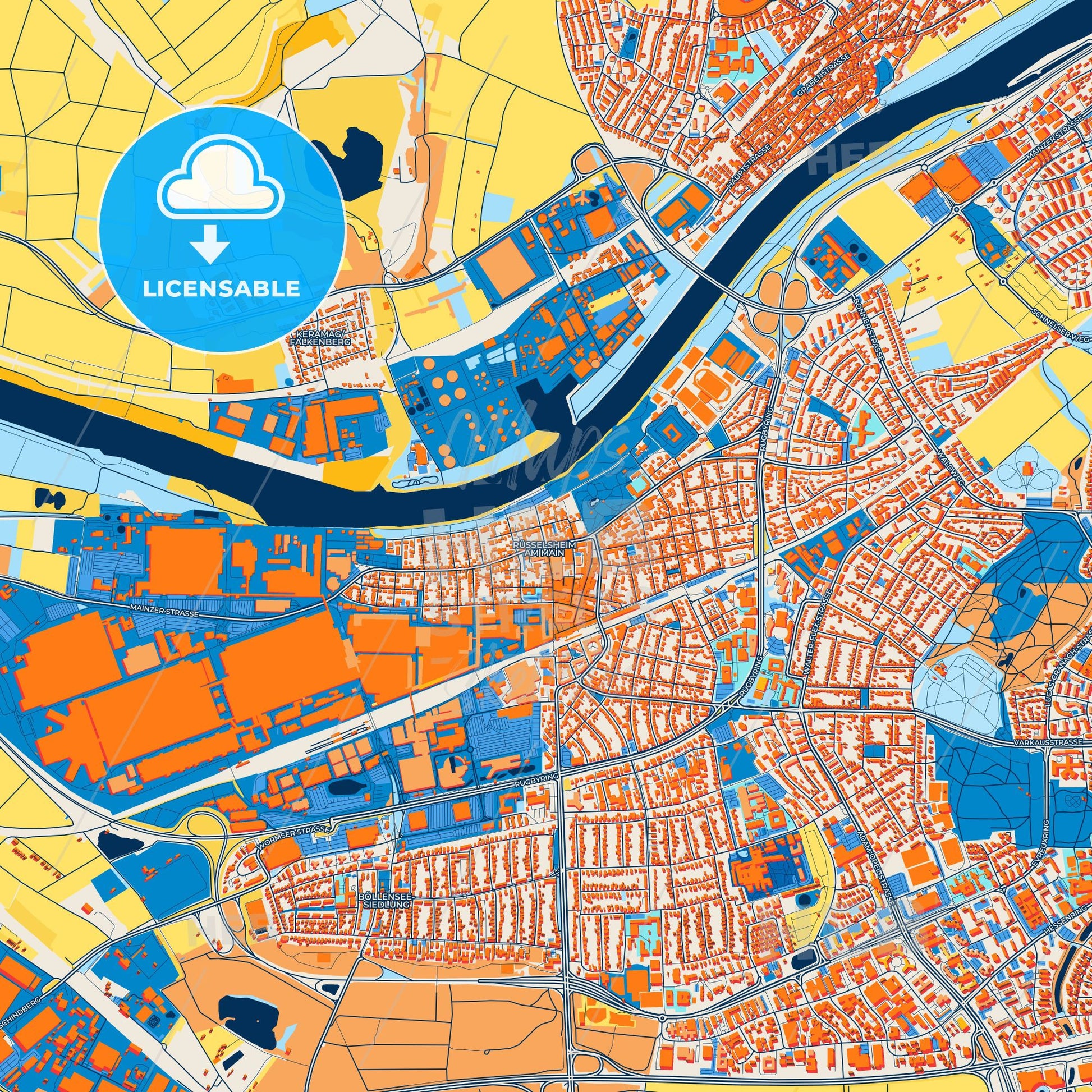 Colorful Russelsheim am Main Street Map with Labels and Buildings