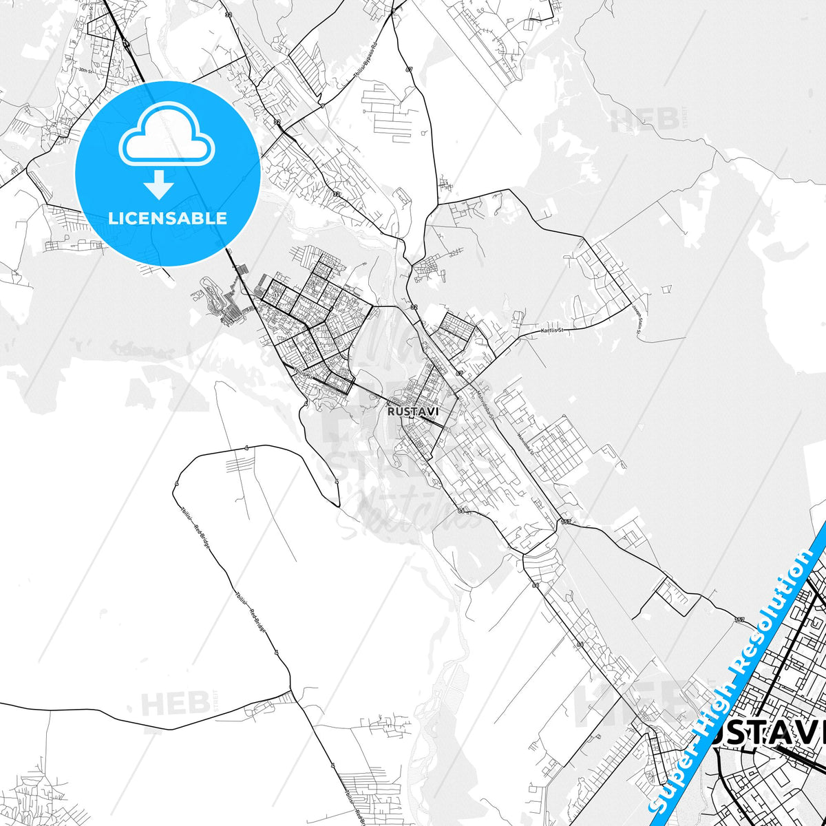 Rustavi, Georgia light map with streetnames, citynames and districts