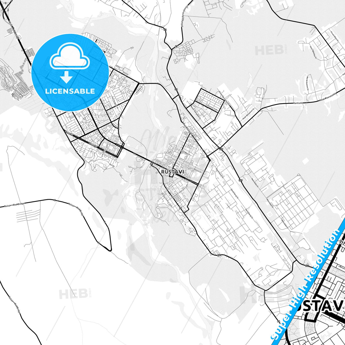 Rustavi, Georgia Light Map with Street Names, City Names, and Districts