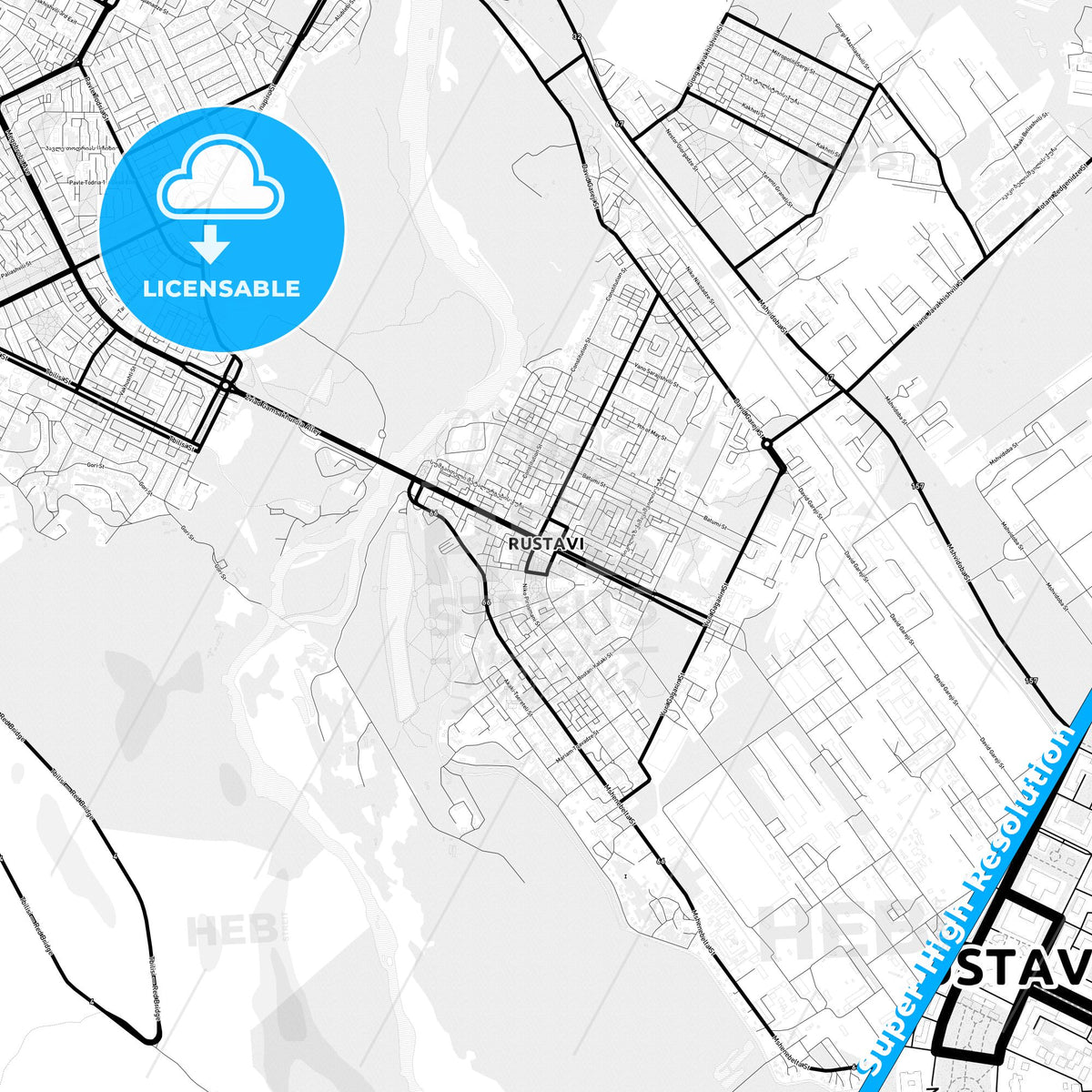 Rustavi, Georgia Light Map with Street Names, City Names, and Districts